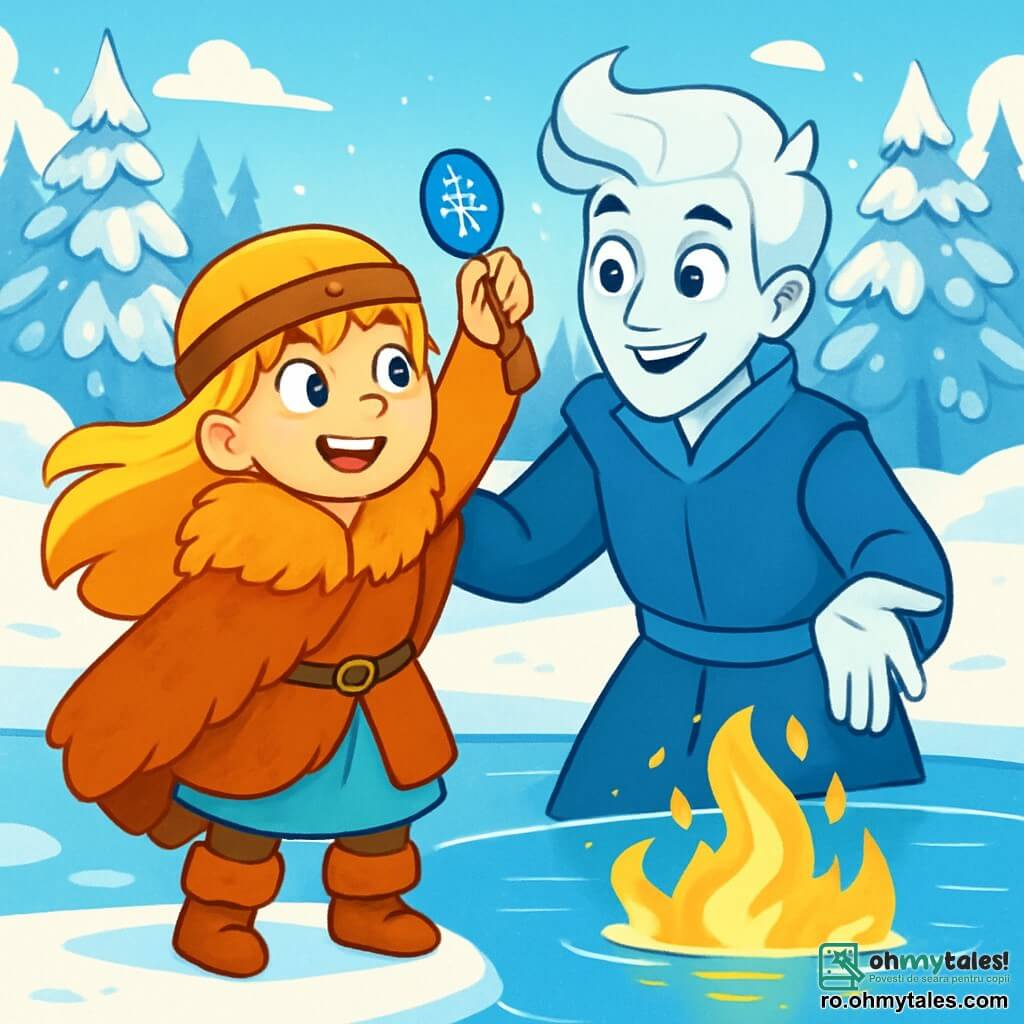 Astrid, o fetiță vikingă de 12 ani, stă pe marginea unui lac înghețat, cu părul lung blond fluturând în vântul rece. Ea poartă o blană groasă de vulpe și cizme din piele, iar fața ei radiază de entuziasm și curiozitate. Lângă ea, spiritul Glaçon, un bărbat de aproximativ 30 de ani, cu pielea palidă ca zăpada și ochi strălucitori ca stelele, zâmbește arătându-i magia lacului. În fundal, pădurea acoperită de zăpadă se întinde până la orizont, cu copaci măreți acoperiți de brumă strălucitoare sub un cer albastru deschis. Scena o arată pe Astrid ridicând talismanul albastru spre lac, unde flăcările aurii încep să danseze pe suprafața gheții, creând un contrast magic între frig și căldură.