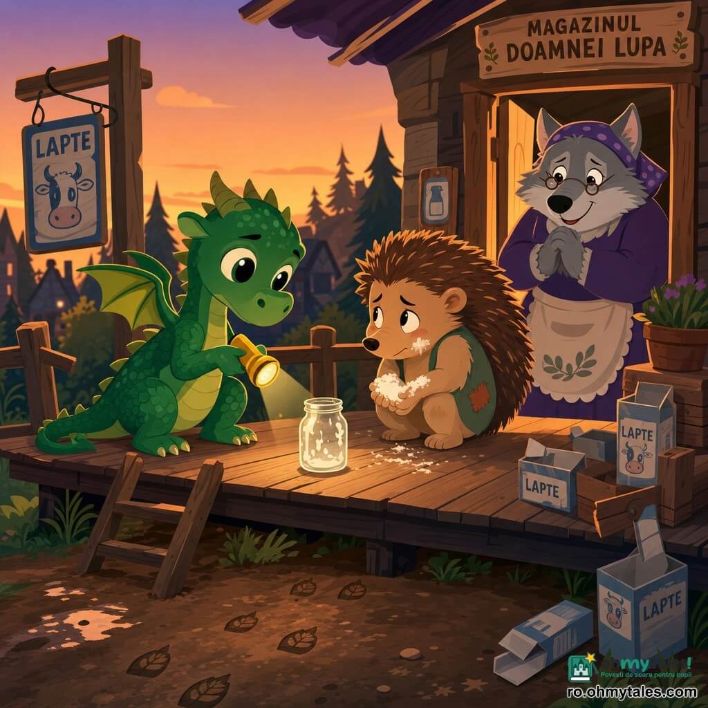 Cipi, un dragon mic cu solzi verzi strălucitori și ochi mari curioși, stă pe o terasă din lemn, concentrat și blând, ținând o lanternă mică galbenă și îndreptând botul spre un borcan pătat cu lapte; Puf, un arici tânăr și timid cu țepi maron deschis, ghemuit lângă borcan, rușinat dar ușurat, cu umerii plecați și mâinile pline de făină, îl privește pe Cipi cu capul plecat; Doamna Lupa, o lupoaică bătrână, rotundă și zâmbitoare, stă la distanță în cadrul ușii magazinului cu mâinile împreunate, observând cu compasiune; terasa înaltă din lemn, cu cutii goale de lapte, se află la amurg, lumină portocalie blândă și umbre lungi, atmosferă de mister rezolvat și căldură comunitară; stil grafic plat, culori vii și contrastante, linii clare și compoziție simplă, potrivit pentru copii.