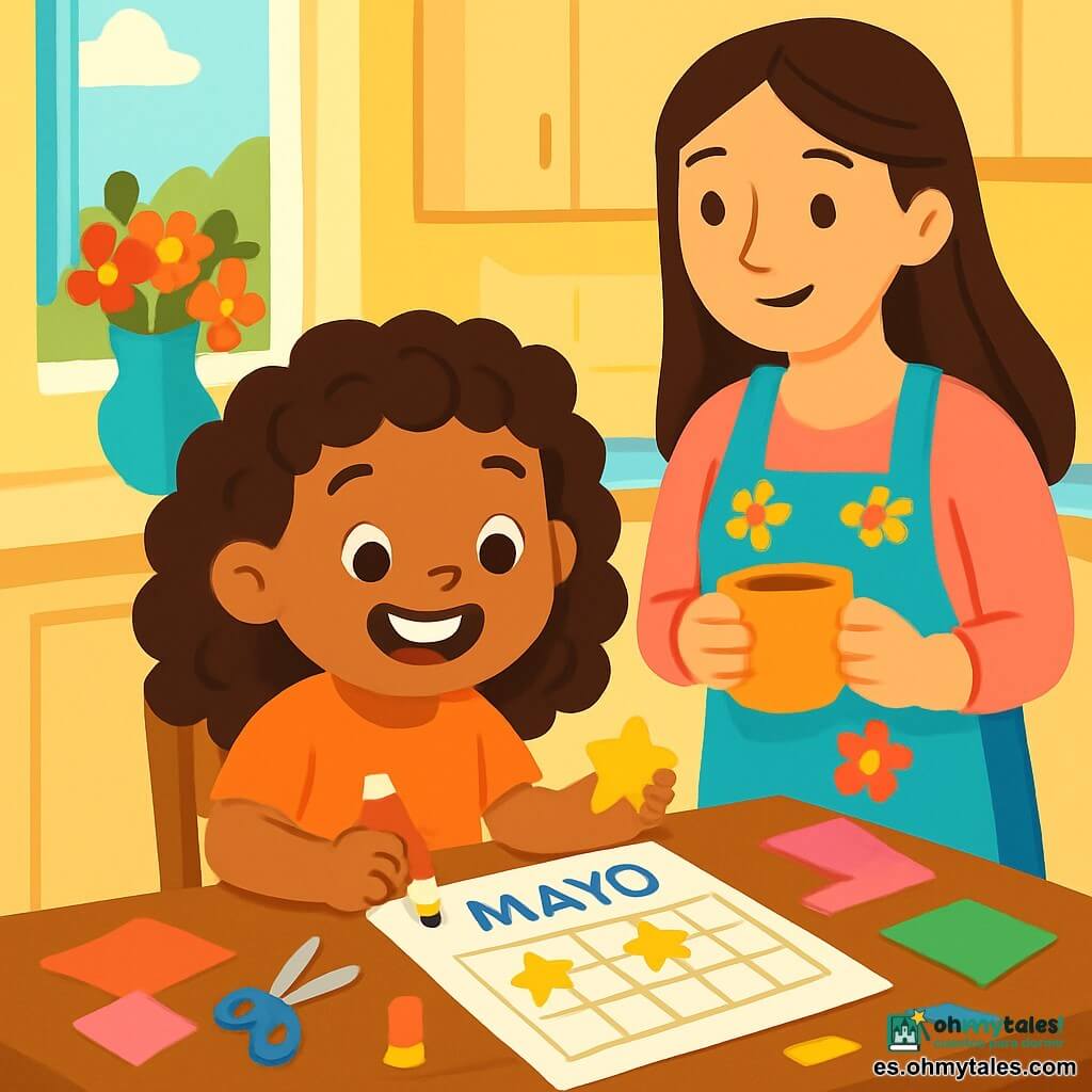 Una niña de 4 años, con hermosos rizos y una gran sonrisa radiante, está sentada en una mesa de madera, rodeada de papeles de colores, tijeras y pegamento. Está concentrada y feliz, con los ojos brillando de emoción mientras crea un calendario para el Día de la Madre. Junto a ella, su mamá, una mujer de unos treinta años con cabello largo y liso, sonríe tiernamente al mirar a su hija. Lleva un delantal floral y sostiene una taza de café en las manos, observando con cariño el trabajo de su hija. La escena tiene lugar en una cocina luminosa, con rayos de sol que filtran a través de la ventana, iluminando las paredes pintadas de amarillo pastel. Flores frescas en un jarrón colorido añaden un toque de alegría al ambiente. La niña recorta formas de papel y pega estrellas brillantes en su calendario, llena de entusiasmo y amor, lista para sorprender a su mamá con un regalo hecho a mano para el Día de la Madre.