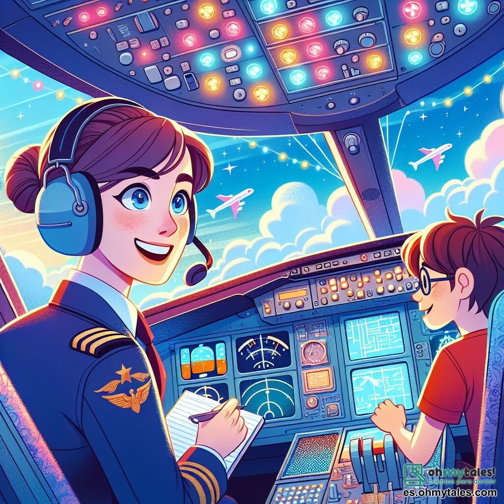 Una piloto de unos 30 años, con cabello castaño recogido en un moño y vistiendo un traje de piloto azul marino, sonríe con orgullo y emoción mientras se encuentra en la cabina de un avión. Sus ojos brillan de entusiasmo y ajusta su casco de piloto. A su lado, un niño de 12 años, Lucas, con cabello castaño y gafas, la observa con admiración, sosteniendo un pequeño cuaderno en sus manos. Lleva una camiseta roja y jeans, y se mantiene un poco atrás, absorto en la conversación. La cabina del avión está llena de botones de colores, pantallas brillantes y una gran ventanilla que muestra un cielo azul con nubes blancas. Las luces parpadean suavemente, creando un ambiente dinámico. La escena principal muestra a la piloto compartiendo su pasión por la aviación con Lucas, explicándole las maravillas del vuelo, mientras están rodeados del equipo del avión, simbolizando la aventura y el sueño de volar.