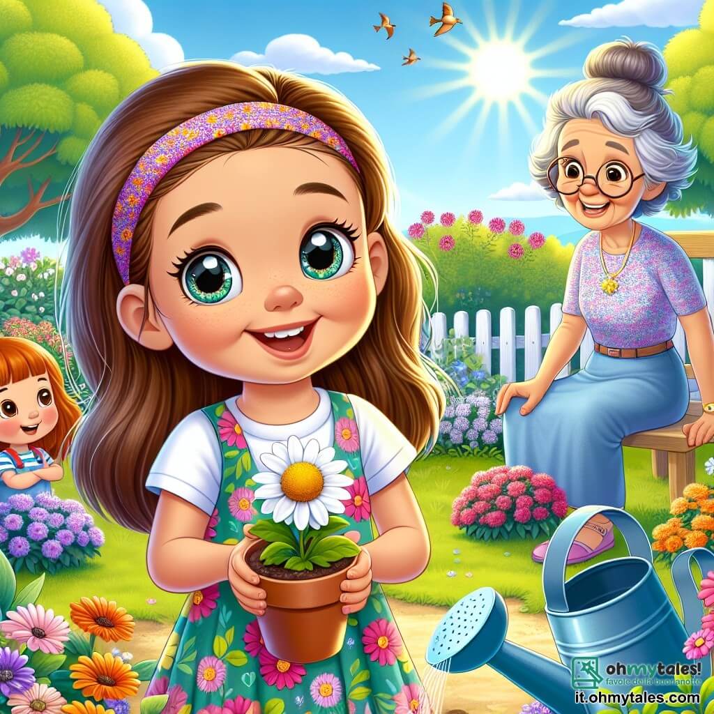 Una bambina di 6 anni, di nome Martina, è al centro dell'immagine. Ha lunghi capelli castani, occhi scintillanti di curiosità e un grande sorriso sul volto. Indossa un vestito colorato con motivi floreali e tiene un piccolo vaso di terra con una margherita che ha appena piantato. Accanto a lei, sua madre, una donna di circa 30 anni, ha i capelli castani raccolti in un chignon e indossa una maglietta leggera e pantaloni di denim. Sorride orgogliosamente a Martina mentre tiene un annaffiatoio, pronta ad annaffiare i fiori. Sullo sfondo, la nonna di Martina, una donna anziana con capelli grigi e occhiali rotondi, è seduta su una sedia da giardino, mentre racconta una storia a un gruppo di bambini che l'ascoltano attentamente. Il luogo è un giardino in piena fioritura, pieno di fiori colorati, cespugli verdi e un cielo blu chiaro. Gli uccelli cantano sugli alberi e un dolce sole splende sulla scena. La situazione principale mostra Martina, piena di gioia ed eccitazione, mentre pianta fiori con sua madre, circondata dall'amore e dal calore della sua famiglia, celebrando così l'arrivo della primavera.