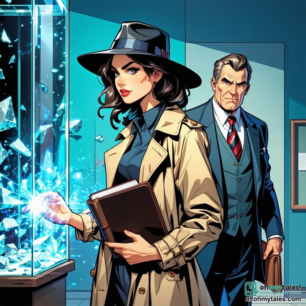 Een vrouwelijke detective, Iris Storm, staat in een museumzaal, met vastberaden ogen en gefronste wenkbrauwen. Ze draagt een beige trenchcoat, een zwarte hoed en houdt een notitieboekje in één hand terwijl ze een gebroken vitrine onderzoekt met glinsterende glasscherven eromheen. Naast haar gebaart een man van ongeveer 50 jaar, meneer Van Dijk, de museumdirecteur, ongerust. Hij heeft een grote grijze snor en draagt een tweedjasje, zijn gezicht vertoont angst. Het museum is groot, met hoge plafonds versierd met kristallen kroonluchters, marineblauwe muren en vitrines vol maritieme schatten. Schilderijen van zee-taferelen versieren de muren, terwijl een grote wereldkaart van de zee achter hen hangt. De hoofdscène toont Iris die de scène van de diefstal van waardevolle maritieme juwelen analyseert. Glasscherven liggen op de grond en een mysterieuze blauwe inscriptie is op de muur geschilderd, wat een vleugje mysterie aan de gespannen sfeer toevoegt.