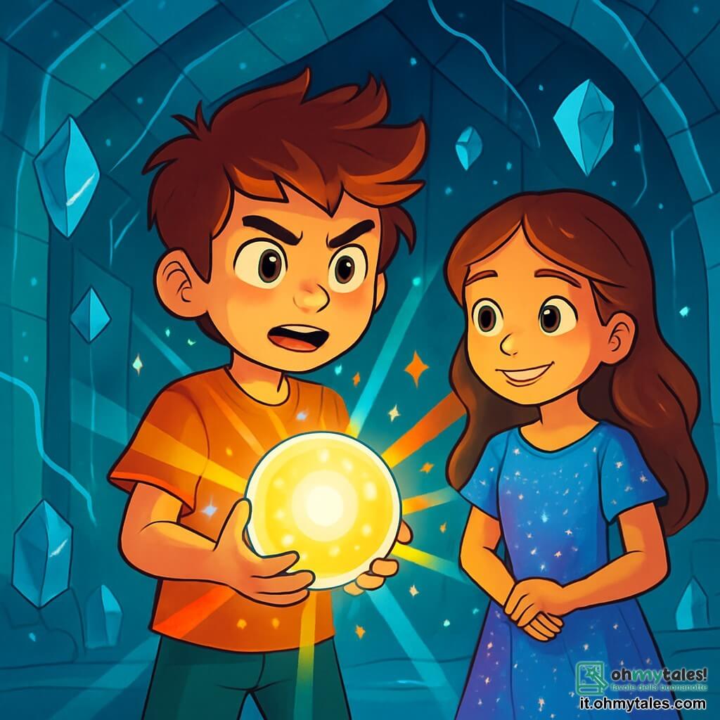 Un ragazzo di 10 anni, Elio, con capelli arruffati e occhi brillanti di curiosità, si trova al centro della scena, tenendo una sfera luminosa tra le mani. Il suo viso esprime determinazione e meraviglia mentre guarda la sfera che proietta riflessi di luce colorata intorno a lui. Accanto a lui, una ragazza di 9 anni, Mira, con lunghi capelli ondulati e un sorriso incoraggiante, osserva attentamente la sfera. Indossa un vestito di tessuti scintillanti che riflettono la magia del loro mondo. L'ambientazione è una stanza sotterranea con pareti di cristallo trasparente, illuminata da cristalli fluttuanti che brillano come stelle. Linee di energia arcana si snodano lungo i muri, creando un'atmosfera mistica. La scena principale mostra Elio e Mira, pronti a unire magia e scienza, mentre scoprono il potere della Sfera dei Destini, circondati da un'aura di luce vibrante ed energia palpabile.