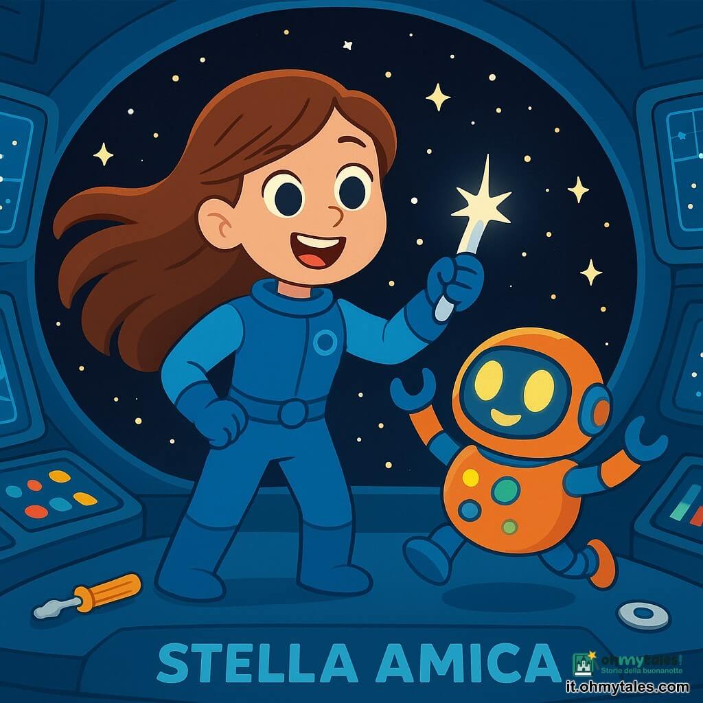 Una donna coraggiosa, Anna, con lunghi capelli castani che fluttuano e un uniforme spaziale blu, sorride con occhi brillanti di gioia ed eccitazione. È in piedi sul ponte della "Stella Amica", tenendo un piccolo attrezzo lucente nelle mani, pronta a riparare il segnale di comunicazione. Accanto a lei, un piccolo robot di nome Pipo, rotondo e colorato con luci lampeggianti, salta di gioia, i suoi occhi luminosi scintillano di entusiasmo. Il ponte della "Stella Amica" è pieno di pannelli di controllo futuristici, con schermi luminosi che mostrano mappe stellari e stelle scintillanti visibili attraverso un grande oblò. Lo spazio circostante è nero e profondo, punteggiato da migliaia di stelle brillanti che scintillano come diamanti. La scena principale mostra Anna e Pipo che lavorano insieme per rafforzare il segnale di comunicazione, con attrezzi luccicanti intorno a loro, mentre un senso di avventura e amicizia aleggia nell'aria.