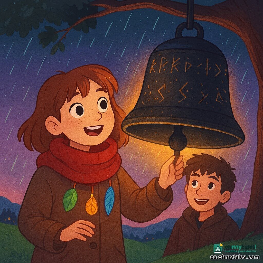 Protagonista: Amai, niña de unos 10 años, rostro redondo con pecas, ojos grandes y sonrisa decidida, con abrigo color tierra y una gruesa bufanda roja donde cuelgan tres notas luminosas (hoja verde, pluma azul, pequeño disco dorado); canta apoyando una mano sobre una enorme campana negra suspendida de una rama, con postura confiada y emocionada; secundario: Bakio, chico de unos 11 años, pelo revuelto, expresión alegre y protectora, con chaqueta de lana marrón, detrás de Amai con una mano en su hombro mirando la campana; elemento clave: la campana de la tormenta, inmensa y oscura cubierta de runas doradas brillantes y textura de metal antiguo; lugar: cima de una colina herbosa al crepúsculo, hierba mojada y algunos rocas musgosas, cielo violeta-azulado con primeras gotas de lluvia y estrellas tenues, rama que sostiene la campana y al fondo un pueblo; situación: la campana despierta mientras Amai canta las tres notas, una lluvia fina forma un arco luminoso alrededor de la campana; composición centrada, colores saturados (rojo, verde, azul, oro), iluminación cálida en halo alrededor de la campana, estilo claro y infantil tipo ilustración vectorial para álbum infantil.