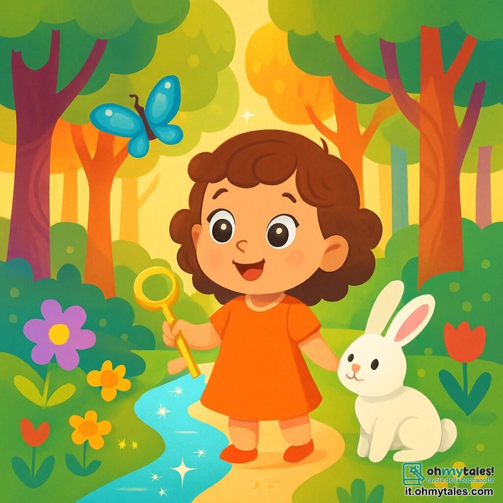 Una bambina di 2 anni, Nina, con grandi occhi brillanti e capelli ricci castani, sorride con meraviglia. Tiene una chiave dorata in mano e guarda un sentiero che si apre davanti a lei. Accanto a lei, una farfalla azzurra, con ali scintillanti, vola gioiosamente intorno a lei. Un coniglietto bianco, con un pelo morbido e orecchie lunghe, si trova vicino a Nina, incoraggiandola con uno sguardo amichevole. Il luogo è un bosco magico, pieno di alberi dai tronchi colorati e fiori brillanti di tutti i colori. I raggi di sole filtrano attraverso le foglie, creando ombre danzanti sul terreno. La scena principale mostra Nina, meravigliata, pronta a esplorare questo mondo magico, circondata dai suoi nuovi amici, mentre si preparano ad attraversare un fiume scintillante che brilla sotto il sole.