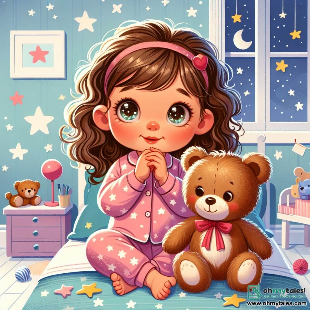 A 2-year-old girl with big bright eyes and curly brown hair is sitting on her bed, a shy smile on her face, holding her teddy bear. She is wearing a pink pajamas with white stars and looks curious yet a bit nervous. Next to her, her teddy bear, Teddy, is a brown bear with a small red bow around its neck, appearing comforting and friendly, as if talking to her. The scene takes place in a cozy room with pastel blue walls, a window letting in moonlight, and toys scattered on the floor. Paper stars are hanging from the ceiling, creating a magical atmosphere. The little girl and Teddy are counting the stars visible through the window, turning her fear of the dark into a fun and comforting game.