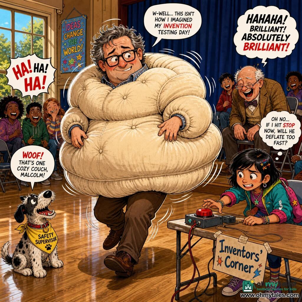Middle-aged man (Malcolm) with a round face, square glasses and messy graying hair, embarrassed-amused expression; half-transformed into a giant cushion—velvety cream padding around his waist and chest, arms partly sunk into foam, wobbling like a walking couch. To the right, an 11-year-old girl (Zara) with short dark hair and a mischievous smile, colorful clothes, holding a clipboard and crouched by the demo table, hand reaching toward a big red button, worried focus. Foreground left: small round dog (Captain Pickles) with a spotted coat and a “SAFETY SUPERVISOR” bandana, sitting and barking at Malcolm. Background right: elderly man (Mr. Lintley, ~60) with slipping glasses, laughing, hands on knees among the audience. Interior village hall: shiny wooden floor, heavy blue velvet curtain, folding table with tools and “Inventors’ Corner” sign, folding chairs, window showing a tree. Scene: safety device set to “DRAMATIC HERO” inflated into a giant cushion around Malcolm, turning the demo into a visual gag—audience laughter, exaggerated motion lines and bounce; bright, high-contrast colors, clean outlines, detailed fabric and wood textures, expressive faces, warm comedic mood.