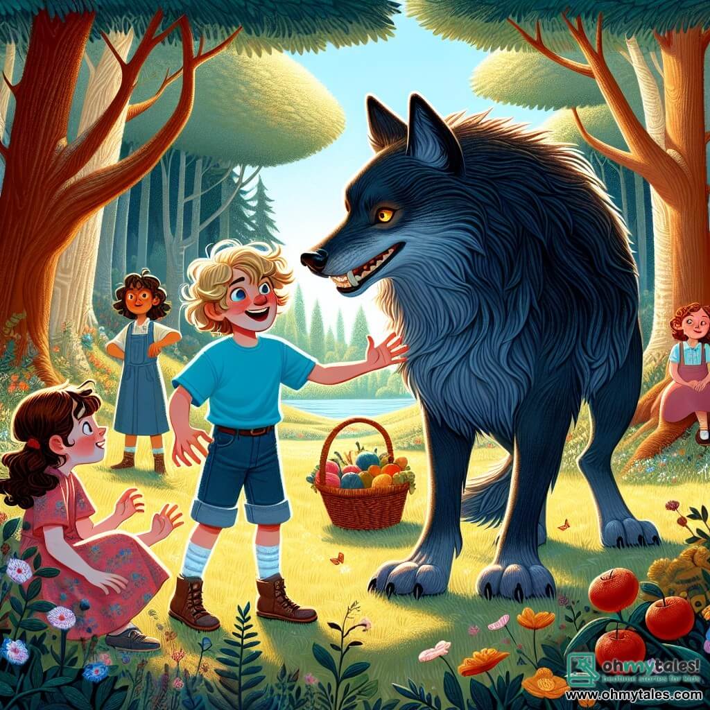 A 9-year-old boy named Oliver stands at the center of the scene, with messy blonde hair and sparkling curious eyes. He wears a bright blue t-shirt and denim shorts, displaying a big excited smile as he reaches out to a large dark-furred wolf beside him. The majestic wolf has bright, gentle eyes that contrast with its formidable appearance. It crouches slightly, showing a friendly demeanor while Oliver speaks to it enthusiastically. In the background, a group of children, including an 8-year-old girl named Mia with curly hair, watches the scene with expressions of surprise and wonder. Mia, dressed in a pink floral dress, holds a basket of fruit, ready to share. The scene takes place in a sunny clearing in the heart of the forest, surrounded by majestic trees with thick trunks and vibrant green leaves. Colorful flowers dance in the breeze, and rays of sunlight filter through the branches, illuminating the magical moment. The main situation shows Oliver, the brave boy, reaching out to the wolf, ready to break prejudices and establish an unexpected friendship, while the other children watch in awe, witnesses to this extraordinary encounter.