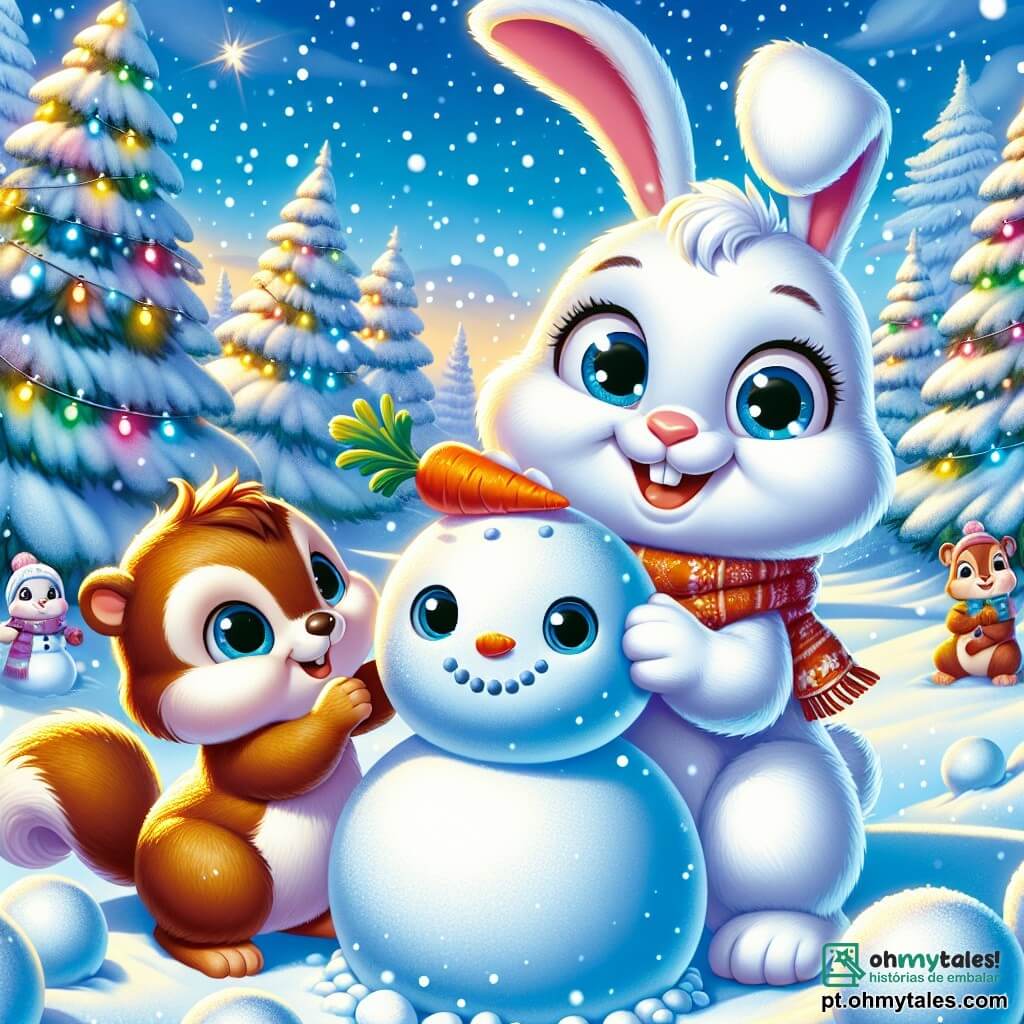 Um coelhinho Tico, todo branco e peludo, com grandes olhos brilhando de alegria, está construindo um imenso boneco de neve. Ele sorri entusiasticamente, suas patinhas pequenas trabalhando para empilhar bolinhas de neve bem redondas. Ao lado dele, o esquilo Pipo, com seu pelo marrom e cauda fofa, observa Tico com admiração, seus olhos brilhando de excitação, segurando uma cenoura para o nariz do boneco de neve. A cena ocorre em uma estação de esqui mágica, cercada por pinheiros cobertos de neve que brilham sob o sol de inverno, com flocos de neve caindo suavemente do céu azul. Luzes coloridas decoram as árvores, criando uma atmosfera festiva. Tico e Pipo estão se preparando para a festa de Ano Novo, reunindo elementos para seu boneco de neve gigante, prontos para surpreender sua família com uma celebração alegre e cheia de risadas.