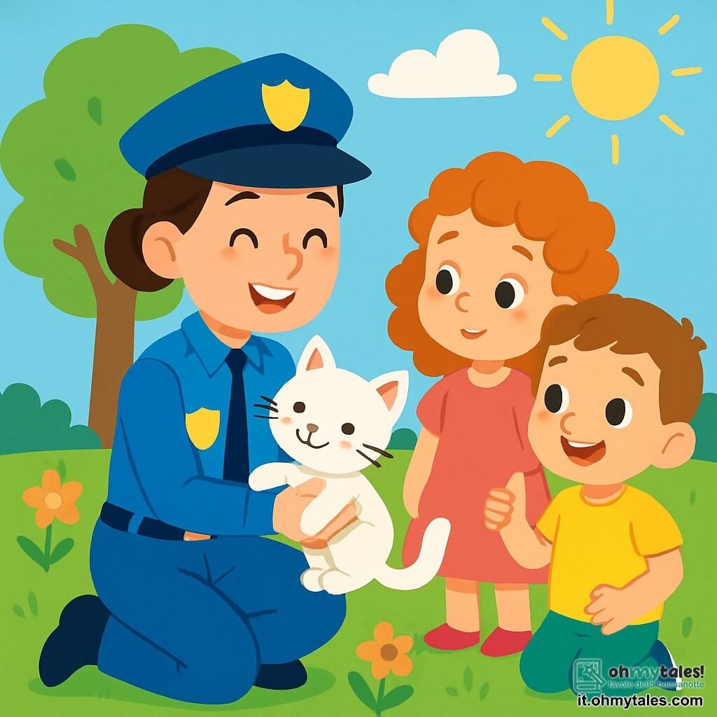 Una poliziotta sorridente, con i capelli castani raccolti in uno chignon, indossa una divisa blu brillante e un distintivo lucido sul petto. È inginocchiata, tenendo un piccolo gatto bianco tra le braccia, con un'espressione di gioia e orgoglio sul volto. Accanto a lei, una bambina di 6 anni, con capelli ricci e un vestito rosa, guarda il gatto con occhi meravigliati, mentre un ragazzo di 7 anni, con i capelli corti e una maglietta gialla, sorride alzando il pollice. Sono tutti e tre in un giardino verdeggiante, pieno di fiori colorati e un grande albero frondoso. La scena mostra la poliziotta che aiuta i bambini a ritrovare il gatto smarrito, creando un momento di felicità e amicizia sotto un cielo azzurro e soleggiato.