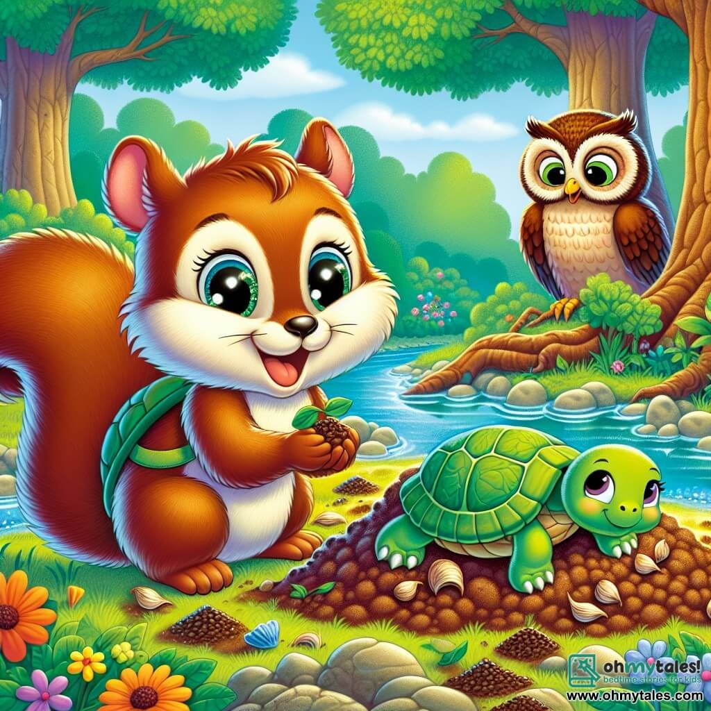 A small squirrel named Benny, with brown fur and a bushy tail, expresses great joy with sparkling eyes and a bright smile as he plants a small seed in the fertile soil near a sparkling stream. Next to him, Tilly the turtle, with a green shell and wise eyes, looks on proudly with a slight smile, holding another seed in her front paws. In the background, an old owl named Ollie, with brown feathers and round eyes, watches the scene from a branch of a large oak, displaying a kind and encouraging expression. The setting is a lush forest filled with majestic trees with bright green leaves, colorful flowers, and a clear stream winding between the rocks. The main scene shows Benny and Tilly united in a joyful effort to plant seeds, symbolizing their commitment to caring for nature and making their forest more beautiful.