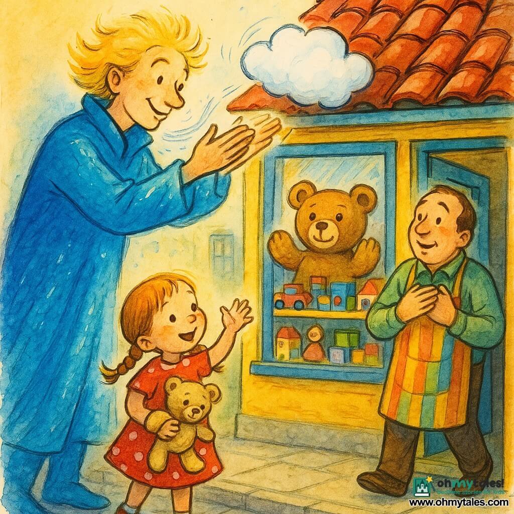 A tall, kind man with a gentle, smiling face and golden hair wears a glowing electric-blue coat and blows a warm breeze with open hands to lift a small fluffy white cloud stuck on a red-tiled toy shop roof; a delighted 5-year-old girl in a red polka-dot dress with two braids holds a beige teddy and waves from the sidewalk, while a relieved toy-shop owner in his colorful apron stands at the door with hands on his chest; a giant stuffed bear sits on the storefront with button eyes and raised paws as toys in the yellow-and-blue wooden shop window seem to come alive in a bright, joyful atmosphere.