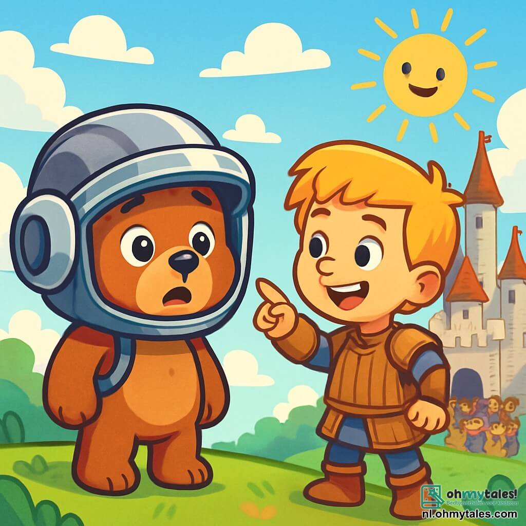 Een kleine teddybeer genaamd Boris, met een zachte bruine vacht en sprankelende nieuwsgierige ogen, draagt een grote futuristische helm op zijn hoofd. Hij lijkt verwonderd en een beetje nerveus terwijl hij op een groene heuvel staat en naar een majestueus middeleeuws kasteel in de verte kijkt. Naast hem moedigt een jonge jongen in houten harnas, met blond haar en een vriendelijke glimlach, hem enthousiast aan en wijst naar het kasteel. De lucht is helderblauw met pluizige witte wolken en de zon schijnt vrolijk. Het kasteel, met zijn spitse torens en grijze stenen muren, is omringd door een menigte mensen in middeleeuwse kostuums die applaudisseren en lachen. De scène straalt een sfeer van magie en avontuur uit terwijl Boris en zijn nieuwe vriend zich voorbereiden op een ongelooflijk avontuur in de tijd.
