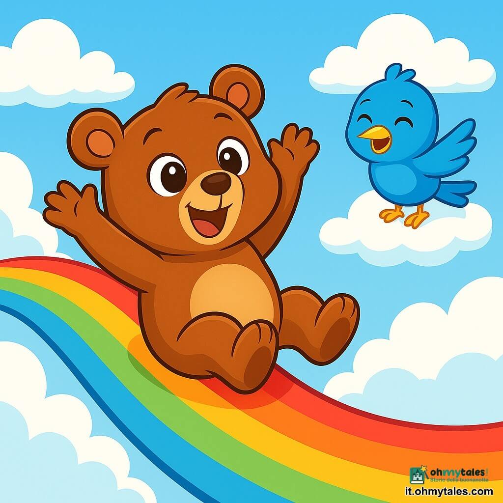 Un orso bruno, di nome Bruno, con grandi occhi rotondi e un sorriso splendente, scivola gioiosamente su uno scivolo colorato che si snoda tra le nuvole. Sembra meravigliato e divertito, con le braccia alzate in aria come se stesse volando. Vicino a lui, un piccolo uccello blu dalle piume brillanti, con un becco giallo vivace e occhi scintillanti, ride felicemente fluttuando su una nuvola soffice. Sembra felice e amichevole, guardando Bruno con entusiasmo. Lo sfondo è un cielo blu brillante punteggiato di nuvole soffici e bianche, mentre lo scivolo, dai colori vivaci dell'arcobaleno, si snoda tra le nuvole come un sentiero magico. La scena mostra Bruno che scivola con gioia sullo scivolo, mentre l'uccello blu lo incoraggia con risate, creando un'atmosfera ludica e piena di felicità.