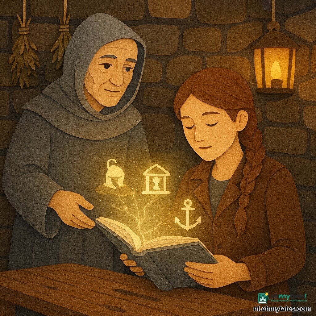Vrouw Maren, sereen maar geconcentreerd gezicht, zachte ogen en eeltige handen, kastanjebruin gevlochten haar en versleten bruine leren jas, houdt een open zilverkleurig oud boek waarvan een blad schittert als een lichtend weefsel; een monnik van circa 60 jaar met grijzend haar onder een grijze wollen kap en een gerimpeld vriendelijk gezicht reikt het boek naar Maren en staat iets links achter haar; kleine werkruimte met stenen muren, houten tafel met inktstrepen, hangende potjes met gedroogde kruiden en een warme lantaarngloed die uitgesneden schaduwen werpt; Maren ontdekt een kaart van lichtdraden die uit het boek ontspringt met drie zwevende symbolen (helm op een heuvel, zandloper in een tempel, anker in havennevel), een intieme magische scène van kalme verwondering.