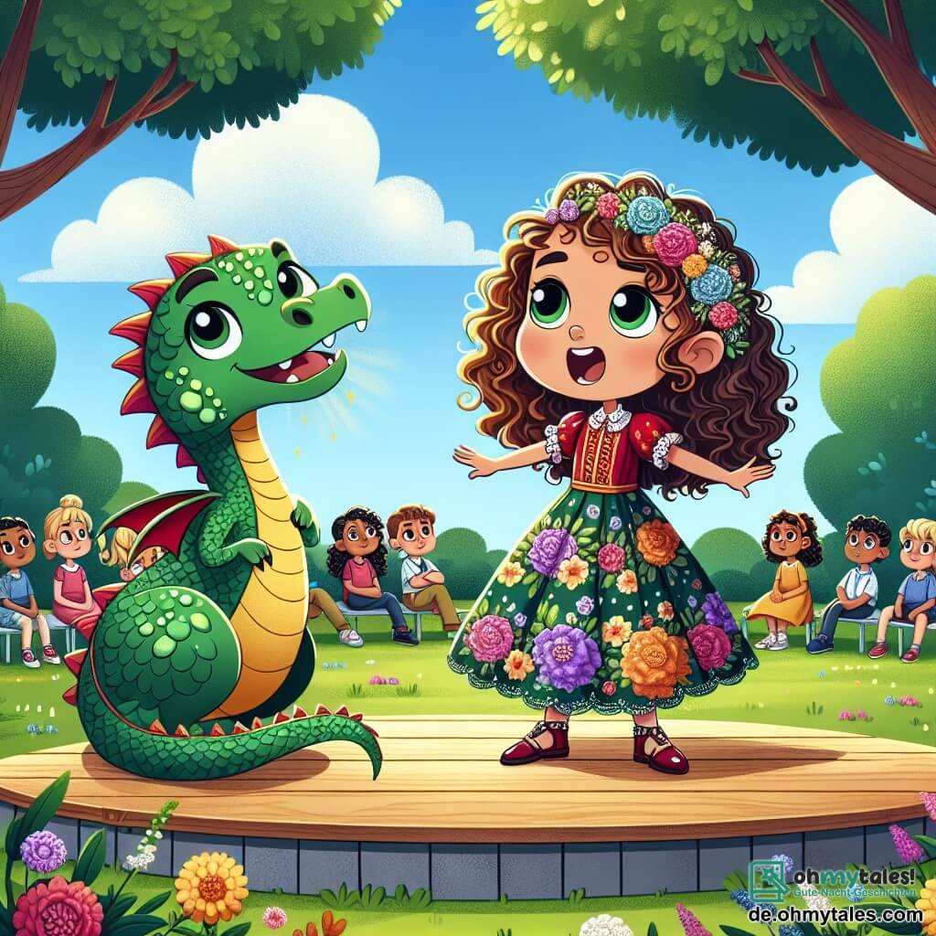 Im Mittelpunkt des Bildes steht Emma, ein kleines Mädchen mit braunen, lockigen Haaren, das ein buntes Kleid mit Blumenmustern trägt. Sie lächelt breit, ihre Augen strahlen vor Selbstvertrauen, während sie stolz auf einer kleinen Holzbühne steht, bereit, ihr Gedicht vor ihren Klassenkameraden vorzutragen. Neben ihr sitzt Flamme, ein junger Drache mit glänzend grünen Schuppen und einem kleinen orangefarbenen Fleck auf der Nase, der sie bewundernd anblickt. Er sitzt am Bühnenrand, seine Flügel leicht ausgebreitet, bereit, vor Freude zu fliegen. Die Szenerie ist eine Freiluftschule, umgeben von majestätischen Bäumen und bunten Blumen, mit Kindern, die auf dem Gras sitzen und gebannt der Szene folgen. Der Himmel ist blau mit einigen fluffigen weißen Wolken, und die Sonne scheint, was eine warme und fröhliche Atmosphäre schafft. Die Hauptsituation zeigt Emma, die entschlossen tief durchatmet, bevor sie zu sprechen beginnt, während Flamme ihr positive Energie sendet, was das Thema von Selbstvertrauen und Freundschaft verdeutlicht.