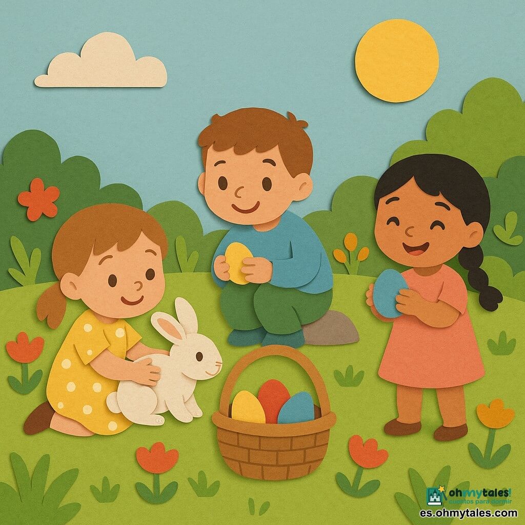 Hay tres niños: Ana, ~4 años, coletas castañas claras, vestido amarillo con lunares blancos, arrodillada a la izquierda abrazando un pequeño conejo blanco; Lucas, ~5 años, pelo castaño corto, jersey azul claro y pantalón verde, en el centro agachado junto a una piedra con un huevo amarillo; Sofi, ~3 años, trenza negra, vestido rosa, a la derecha de pie junto a un arbusto mostrando sonriente un huevo azul brillante. Ambientación: jardín primaveral con césped verde, flores rojas y naranjas, arbustos y cielo azul con sol; situación: alegre búsqueda de huevos de Pascua recogiendo huevos de colores (rojo, azul, amarillo) en una cesta de mimbre, con expresiones sonrientes y colores vivos.