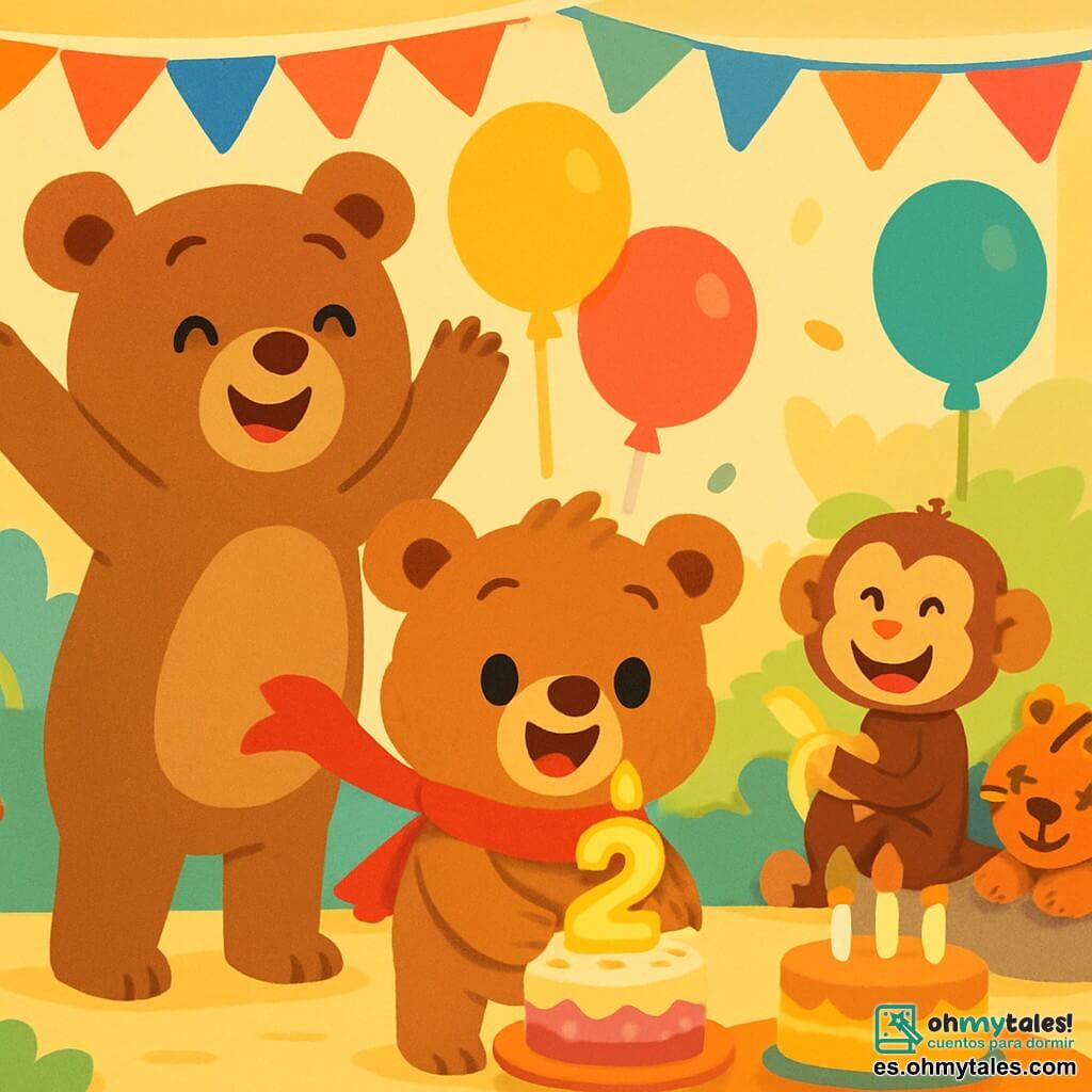 Un pequeño oso de peluche llamado Osito, con un suave pelaje marrón y ojos brillantes de alegría, está de pie en el centro de la escena, sonriendo ampliamente con una gran vela de cumpleaños en sus patas. Lleva una bufanda roja brillante que flota a su alrededor, y su expresión está llena de emoción y felicidad. A su lado, su mamá, una gran osa suave con pelaje marrón claro y una sonrisa cálida, levanta los brazos al aire, rodeada de globos coloridos que flotan a su alrededor. Ella se ve orgullosa y alegre, mirando a su pequeño con amor. En el fondo, amigos animales, como un mono travieso con una banana en las manos y un tigre dormido sobre una piedra, añaden vida a la escena. El mono sonríe ampliamente, mientras que el tigre parece pacífico y feliz. El lugar es una sala de fiesta llena de decoraciones coloridas: guirnaldas de papel, globos multicolores y una gran mesa con un pastel de cumpleaños decorado con velas brillantes. La luz es suave y cálida, creando un ambiente festivo. La situación principal muestra a Osito soplando la vela de su pastel de cumpleaños, rodeado de sus amigos y su mamá, todos listos para celebrar este momento mágico con risas y canciones alegres.