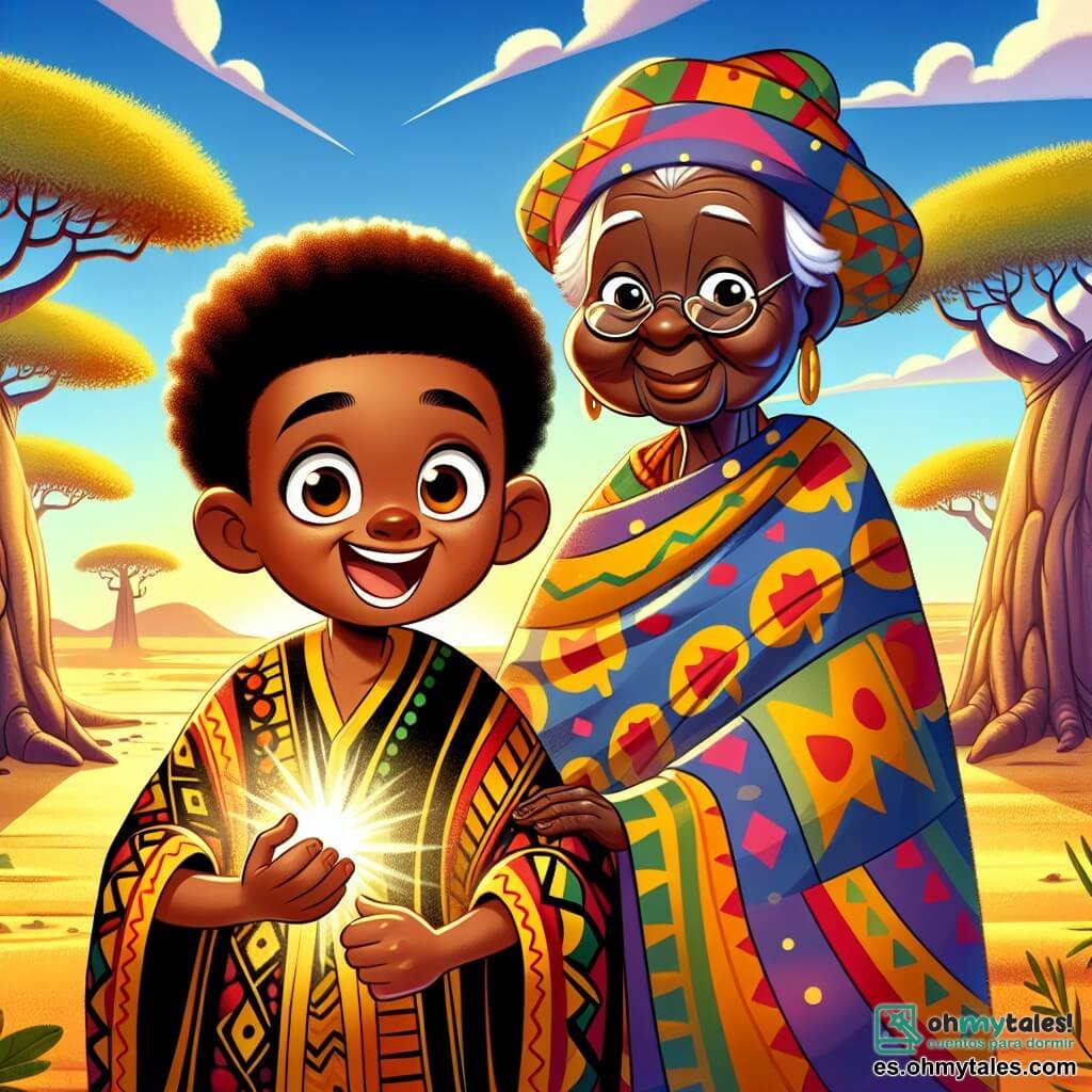 Kofi, un joven de 12 años, se encuentra en el centro del escenario, con una amplia sonrisa de emoción en su rostro. Tiene la piel de un tono marrón cálido, cabello rizado y lleva una túnica colorida adornada con patrones africanos vibrantes. En su mano, sostiene una pequeña máscara mágica que brilla bajo el sol naciente. A su lado, su abuela, una mujer mayor de rostro arrugado y benevolente, lo mira con orgullo. Ella lleva un pagne tradicional de colores vivos y sostiene un gran bastón de madera, simbolizando su sabiduría. El fondo es una vasta sabana dorada, salpicada de majestuosos baobabs con troncos gruesos y ramas extendidas. El cielo es de un azul brillante, salpicado de nubes blancas esponjosas, mientras el sol comienza a levantarse en el horizonte, proyectando sombras suaves sobre el suelo. Kofi se prepara para partir en una misión, decidido a llevar un mensaje de paz a las aldeas vecinas. Su mirada está llena de coraje y anticipación, mientras la brisa suave hace danzar las hierbas a su alrededor.