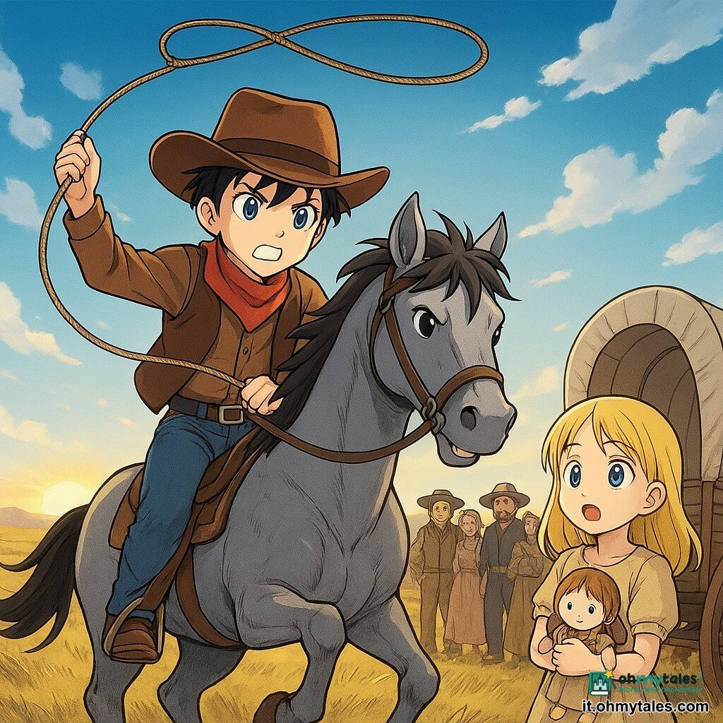 Un giovane cowboy di nome Eli, con occhi determinati e un cappello di feltro marrone, cavalca un cavallo grigio di nome Dusty. Eli ha un'aria coraggiosa e sta lanciando una corda da lasso. Una bambina di 8 anni, con capelli biondi e occhi spalancati, si trova accanto a un carro di legno, guardando Eli con ammirazione. Indossa un vestito semplice e tiene in mano una bambola di stoffa. Sullo sfondo, un gruppo di coloni, uomini e donne, sta vicino ai loro carri, osservando la scena con ansia. La scena si svolge in una vasta prateria, dove l'erba ondeggia sotto un cielo blu brillante. Il sole sorge all'orizzonte, proiettando lunghe ombre dorate sul terreno polveroso. La situazione principale mostra Eli che protegge la carovana dei coloni contro una banda di predoni, con espressioni di tensione e coraggio sui volti.