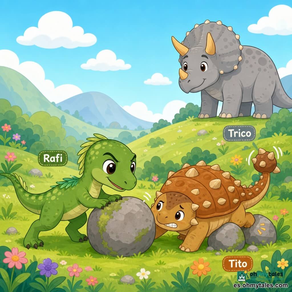 Un velociraptor llamado Rafi, rostro alegre y decidido, ojos redondos brillantes, piel verde con pequeñas manchas claras y plumitas en la nuca, empujando una gran piedra con las patas delanteras, cuerpo inclinado, cejas fruncidas pero sonrisa tranquilizadora; un ankylosaurus llamado Tito, pequeño y redondeado, caparazón marrón‑anaranjado con placas redondas, expresión de dolor pero confiada, una pata trasera atrapada entre dos rocas, mira a Rafi y agita suavemente su cola espinosa; al fondo, un triceratops guardián llamado Trico, grande y sereno, cuernos cortos dorados, piel gris moteada, de pie en una pequeña colina observando con postura protectora y sonrisa; lugar: valle soleado de hierba verde, arbustos redondeados, pocas flores de colores, rocas grises musgosas, luz suave y cielo azul con nubes; escena: rescate tierno y animado, Rafi mueve la piedra para liberar a Tito, ambiente cálido, colores pastel, siluetas simples y formas redondeadas, composición centrada en la acción y las expresiones amistosas.