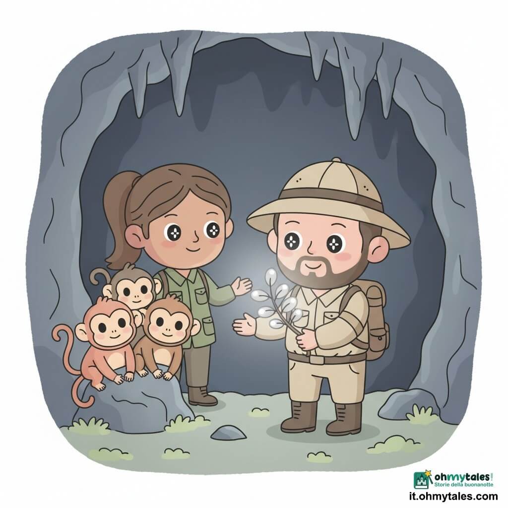 Un uomo (Marco), trentenne, viso rotondo e sorridente, occhi grandi e brillanti, in tenuta da esploratore beige con cappello e zaino, tiene delicatamente un piccolo ramo della pianta luminosa, meravigliato e fiero, una donna (Luisa), circa 35 anni, pelle abbronzata, capelli castani raccolti in coda, giacca verde da guida, è dietro di lui a sinistra, sorridente e protettiva con una mano verso la pianta; nella penombra tre scimmiette birichine dai toni caldi osservano da una stalagmite; la grotta profonda ha pareti grigie testurizzate, stalattiti pendenti e un pavimento punteggiato di muschio; la pianta "Luce di Luna" è piccola, con foglie traslucide e brillanti come perle e un alone argenteo che illumina i volti, creando un'atmosfera calma e magica con il contrasto tra l'oscurità fredda della grotta e il bagliore caldo-argentato della pianta.
