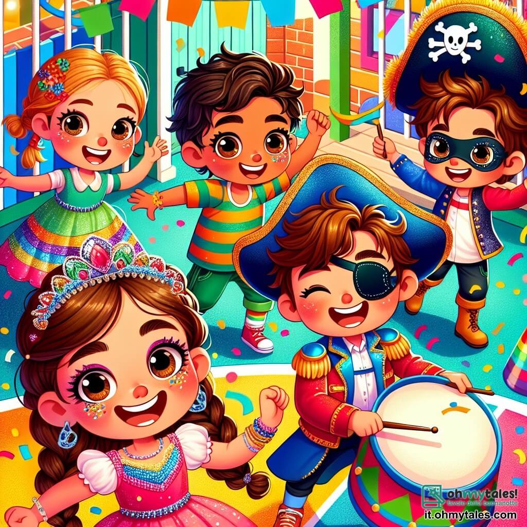 In un cortile scolastico colorato, cinque bambini si divertono insieme. Giacomo, un ragazzo di 8 anni con capelli castani e occhi brillanti, indossa una maschera luccicante e un costume da supereroe rosso e blu, danzando gioiosamente al centro. Sara, una ragazza di 7 anni con capelli biondi intrecciati e un vestito rosa decorato con paillettes, sorride tenendo dei coriandoli pronti a lanciarli. Marco, un ragazzo di 8 anni con capelli neri arruffati, indossa un costume da pirata con un cappello di piume e balla divertendosi accanto a Giacomo. Luca, un ragazzo di 7 anni con occhiali e capelli castani, ride mentre tiene un tamburo colorato, aggiungendo musica alla festa. Matteo, un ragazzo di 9 anni con capelli castani e uno sguardo gentile, è seduto sulla sua sedia a rotelle, circondato dai suoi amici, sorridendo mentre li guarda ballare. Il cortile è decorato con palloncini multicolori, ghirlande scintillanti e disegni di carnevale sui muri. Il sole splende, creando un'atmosfera festosa e gioiosa. I bambini ballano insieme, celebrando il carnevale, mentre Giacomo, con la sua maschera magica, coinvolge tutti in una danza piena di risate e felicità.