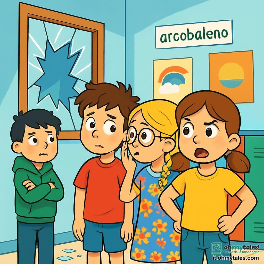 Ci sono quattro bambini: Marco, un ragazzo di 10 anni con capelli castani arruffati e occhi brillanti, indossa una maglietta rossa e pantaloni corti blu. Sara, una ragazza di 10 anni con lunghi capelli biondi intrecciati e occhiali tondi, indossa un vestito a fiori colorati e sussurra preoccupata a Marco. Tommaso, un ragazzo di 10 anni con capelli neri e lentiggini, indossa un felpa verde ed è in disparte con le braccia incrociate. Giulia, una ragazza di 10 anni con capelli castani e due codini, indossa una maglietta gialla e jeans, si trova davanti agli altri con un'espressione determinata. La scena si svolge nel corridoio della scuola Arcobaleno, con pareti blu chiaro e manifesti colorati. Una grande finestra è rotta, con schegge di vetro scintillanti sul pavimento, e armadietti colorati lungo il muro. Marco e Sara sono preoccupati per la finestra rotta, mentre Tommaso è indeciso e Giulia incoraggia gli altri a dire la verità su quanto accaduto.