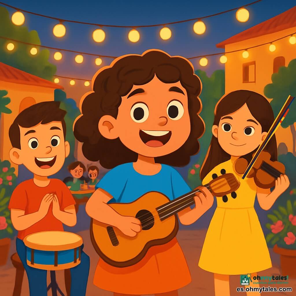 Lucía, una niña de 10 años, está en el centro del escenario, con cabello rizado y una sonrisa radiante. Lleva una blusa azul brillante y sostiene una pequeña guitarra de madera, sus ojos brillan de emoción y nerviosismo. A su lado, Andrés, un niño de 11 años, baterista, tiene el cabello corto y lleva una camiseta roja. Sonríe y aplaude al ritmo de la música. Sara, una niña de 9 años, toca el violín, con cabello largo y liso, vestida con un vestido amarillo. Mira a Lucía con ánimo. La escena se desarrolla en una bonita plaza animada, iluminada por guirnaldas de luces brillantes, rodeada de plantas florecidas y mesas de madera donde hay familias sentadas. Niños ríen y bailan alrededor, creando una atmósfera alegre y festiva. Lucía canta con pasión ante un público cautivado, su voz se eleva en el aire suave de la tarde, mientras sus amigos la acompañan con sus instrumentos, creando una melodía armoniosa que hace vibrar el corazón de todos los espectadores.