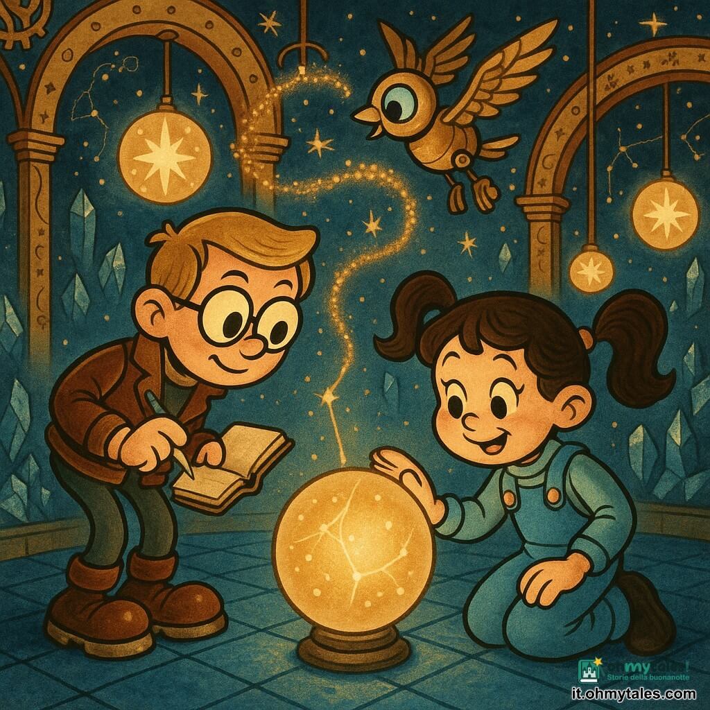 Ci sono tre personaggi: una bambina di circa 9 anni, capelli castani ricci raccolti in due codini, salopette spaziale azzurra con bottoni di rame, sorriso curioso; è al centro, inginocchiata vicino a una sfera opalescente leggermente velata, tende la mano per toccarla. Un ragazzo di circa 10 anni, capelli biondi corti, occhiali rotondi, giacca di pelle consumata e stivali con suola metallica, sguardo concentrato; è a sinistra in piedi, piegato verso la sfera con un taccuino e una penna luminosa. Un piccolo automa volante simile a un uccello meccanico, scocca in ottone lucido, ali articolate con ingranaggi visibili e un occhio-lampada turchese, svolazza sopra i due proiettando una scia di polvere stellare dorata. Ambientazione: grande sala circolare del Cairn Orbitale con pavimento piastrellato blu notte iridescente, pareti incastonate di cristalli che emettono aloni colorati, archi dorati decorati con motivi di ingranaggi e costellazioni, molte sfere luminose sospese a varie altezze come lanterne stellari. Situazione: i due bambini stanno riparando una promessa perduta: la sfera centrale opalina ricomincia a illuminarsi d'oro dove la bambina la tocca, filamenti di luce si ricollegano al suo interno come circuiti e l'automa danza sopra per guidare la riparazione; atmosfera magica, colori ricchi (blu notte, turchese, oro) ed espressioni di stupore e concentrazione.
