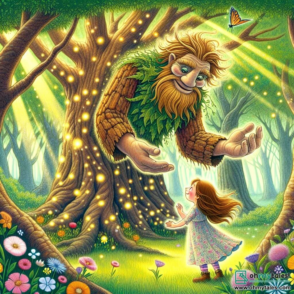 A kind giant named Thistle, with rough skin like tree bark and eyes shining like stars, stands at the center of the scene, smiling with a gentle and protective expression. He is surrounded by colorful flowers blooming around him as he reaches out with his enormous hand to a little girl, Lily, about eight years old, with chestnut hair blowing in the wind and sparkling eyes full of curiosity. Lily, dressed in a light floral-patterned dress, looks at Thistle in awe, ready to listen to his stories. The setting is an enchanted glade in the heart of the Everwood forest, where majestic trees with wide trunks and shimmering leaves form a natural dome above them. Sunbeams filter through the foliage, illuminating the scene with golden light, while fireflies dance around them, adding a touch of magic. The main situation shows Thistle and Lily sharing a moment of connection as Thistle tells ancient stories to the singing stones, while the soft melody resonates in the air, creating an atmosphere of mystery and wonder.