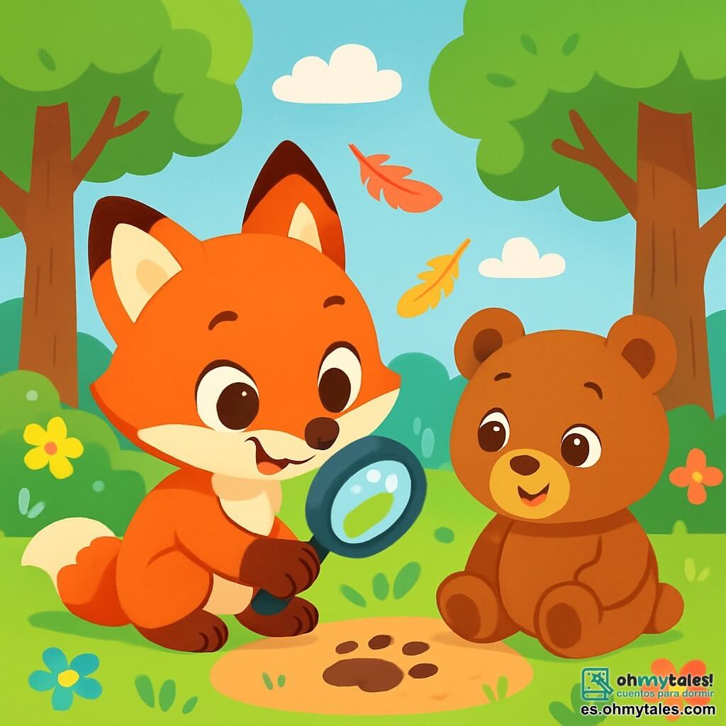 Un pequeño zorro de pelaje rojizo brillante, con grandes ojos curiosos y una sonrisa traviesa, está agachado en el suelo, sosteniendo una lupa brillante con sus patas. A su lado, un oso de peluche suave y redondo, con pelaje marrón y ojos chispeantes, observa atentamente la huella en el suelo, mostrando una expresión de asombro. El escenario es un bosque encantado, con árboles verdes de hojas exuberantes, flores coloridas esparcidas por el suelo y un cielo azul claro salpicado de nubes blancas y esponjosas. En el centro de la imagen, el pequeño zorro y el oso examinan una huella misteriosa en la tierra, rodeados de plumas coloridas que caen suavemente de las ramas.
