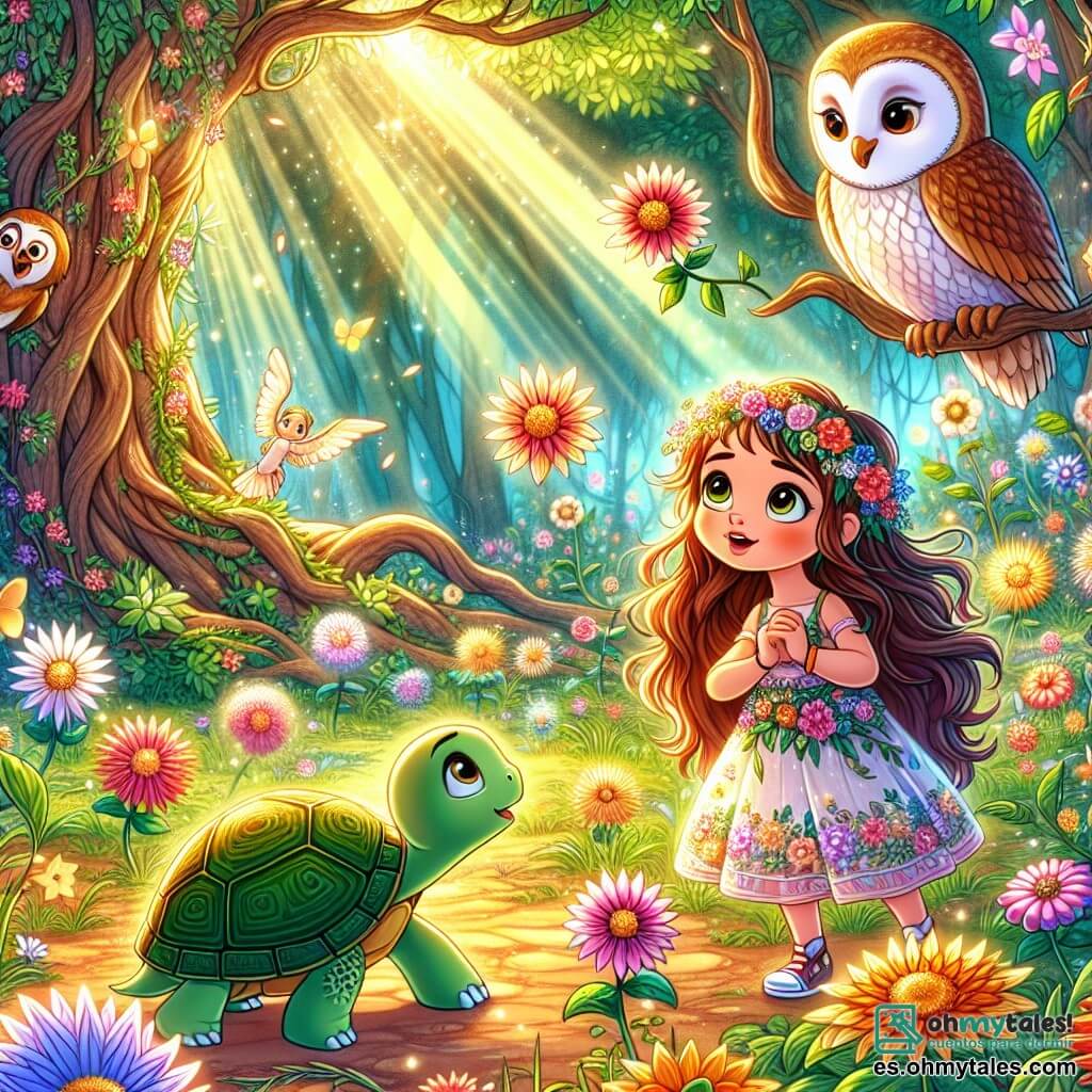 Una niña de 6 años llamada Luna, con largos cabellos castaños y ojos llenos de curiosidad, se encuentra en el centro de un jardín mágico. Lleva un vestido colorido adornado con flores y tiene una sonrisa maravillada mientras observa las flores que cambian de forma a su alrededor. Junto a ella, una tortuga sabia llamada Tula, con un caparazón verde y ojos suaves, se mueve lentamente por el suelo, mirando a Luna con benevolencia. Más lejos, un búho de plumas doradas y grandes ojos redondos, posado en una rama, observa la escena con aire sabio. El jardín está lleno de flores brillantes de todos los colores, que bailan al compás del viento, y árboles majestuosos con hojas brillantes. Los rayos de sol se filtran a través de las ramas, creando una atmósfera mágica y cálida. La situación principal muestra a Luna maravillada por la transformación de las flores, mientras descubre el poder de sus pensamientos y emociones en este jardín encantador.