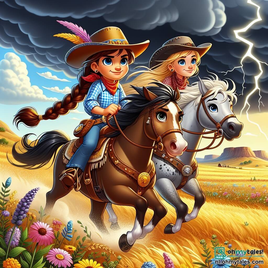 Lucy, een jonge cowgirl van ongeveer 10 jaar, heeft lange, gevlochten, bruine haren en draagt een cowboyhoed met een kleurrijke veer. Ze heeft een grote glimlach op haar gezicht, die haar vastberadenheid en enthousiasme toont, terwijl ze op haar snelle paard Bliksem door de prairie rijdt. Naast haar staat Sam, een andere cowgirl van ongeveer 11 jaar, met blond haar in een paardenstaart en een rode bandana om haar nek. Ze kijkt Lucy bewonderend aan, klaar om haar te helpen in hun avontuur. De achtergrond is een uitgestrekte gouden prairie, bezaaid met kleurrijke wilde bloemen, met golvende heuvels aan de horizon en een blauwe lucht vol witte wolken. De belangrijkste situatie toont Lucy en Sam die zij aan zij rijden, terwijl ze een naderende storm trotseren, met bliksemschichten die de donkere lucht achter hen verlichten. Ze zijn vastbesloten om samen de obstakels te overwinnen, klaar om het avontuur aan te gaan dat hen te wachten staat.