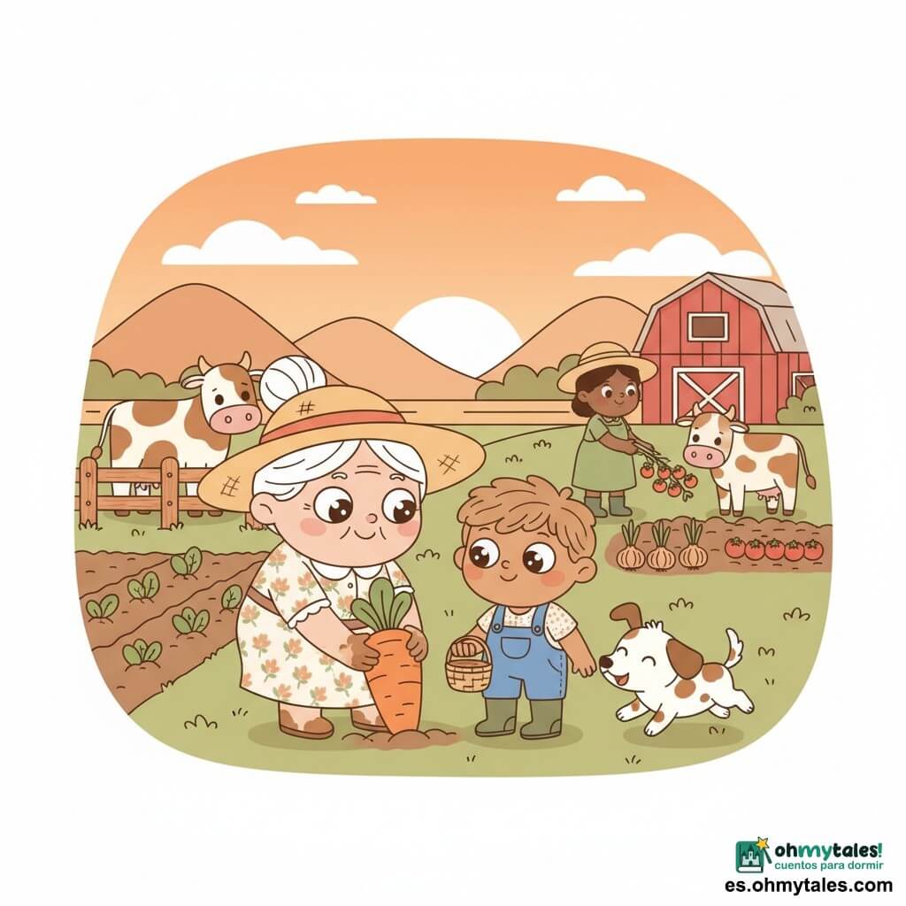 Doña Clara, anciana cariñosa de cabello blanco recogido y sombrero de paja, agachada arrancando una gran zanahoria naranja con manos en la tierra y mirada risueña; a su lado Miguel, niño de 7 años con pelo castaño y peto azul, sostiene un pequeño cesto y la observa maravillado; Toby, un perrito manchas pequeño y alegre, corre y lame la mano de Miguel; dos vacas amistosas, una blanca manchada y otra marrón, están junto a una valla masticando heno; al fondo una granja al atardecer con hileras de cultivos, tomates y cebollas, una era roja y montañas suaves bajo un cielo anaranjado; escena cálida e instructiva, colores cálidos, formas redondeadas y expresiones exageradas para acentuar la ternura.