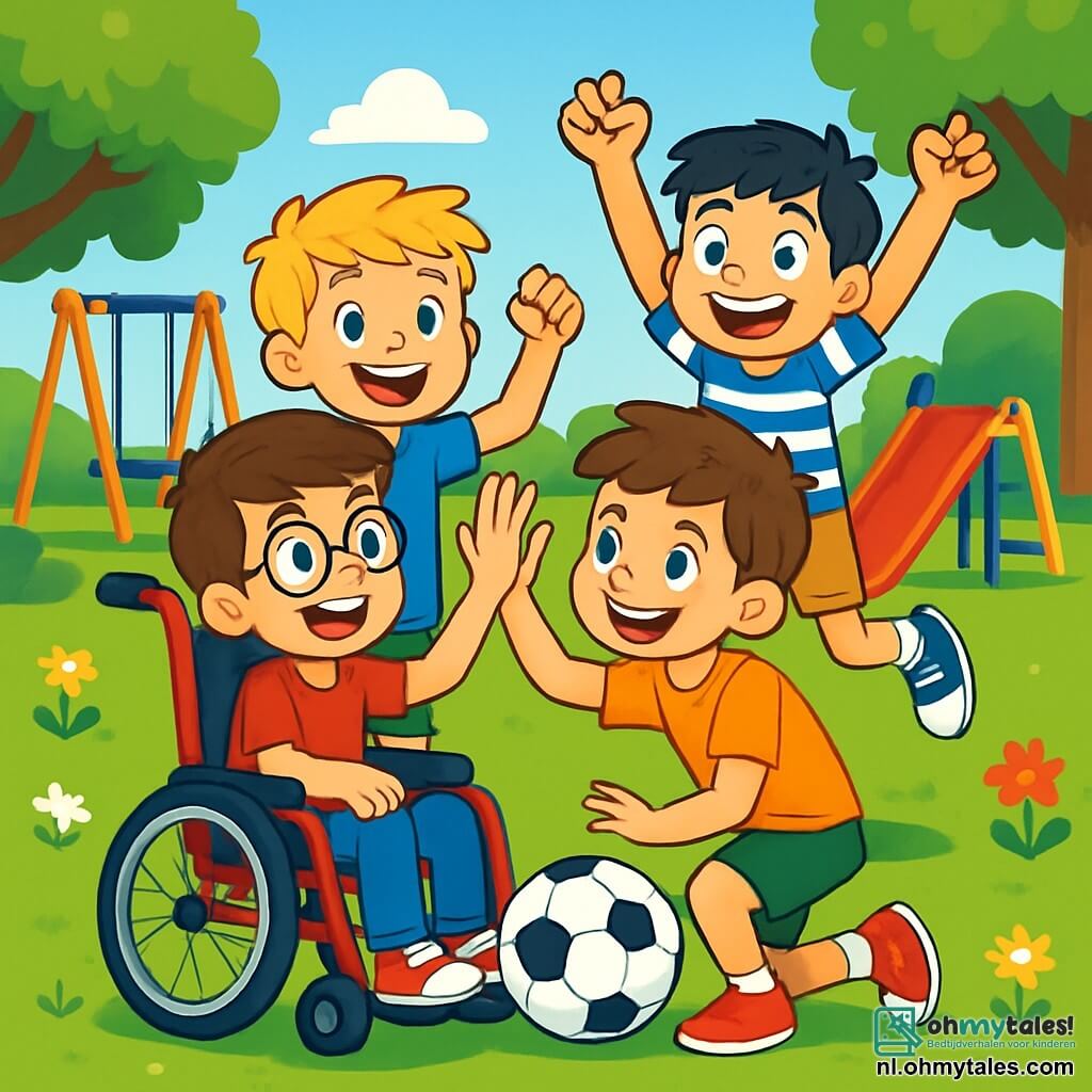 Er zijn 4 kinderen: - Max: een 10-jarig jongen met bruin haar en een bril. Hij zit in een mooie rode rolstoel, enthousiast glimlachend. - Tom: een 10-jarig jongen met rommelig blond haar en een blauwe t-shirt. Hij staat naast Max, met zijn armen in de lucht om een overwinning te vieren. - Joris: een 10-jarig jongen met kastanjebruin haar en een groene short. Hij zit voor Max en geeft hem een high-five, met een grote glimlach. - Sam: een 10-jarig jongen met zwart haar en een gestreepte t-shirt. Hij staat achter Tom en springt van blijdschap, met stralende ogen. De situatie speelt zich af op een mooie zonnige speeltuin, met kleurrijke schommels, een felrode glijbaan en een groot groen grasveld. Bomen met weelderige bladeren omringen de speeltuin, en kleurrijke bloemen voegen een vleugje magie toe aan de omgeving. De hoofdscène toont Max, omringd door zijn vrienden, die een doelpunt in het voetbal scoort. De kinderen zijn allemaal blij en enthousiast, vieren samen de overwinning van Max, die dankzij de hulp van zijn vrienden heeft gescoord. Gelach en glimlachen verlichten hun gezichten, wat de teamgeest en vriendschap illustreert.