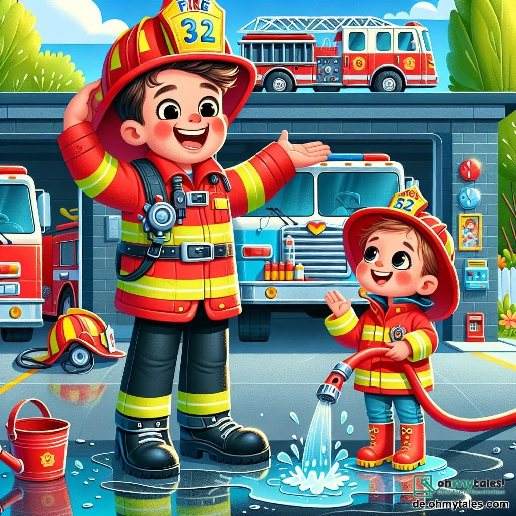 Ein junger Mann, Max, ist ein begeisterter Feuerwehrmann mit einem großen Lächeln, der einen glänzenden roten Anzug und einen funkelnden Feuerwehrhelm trägt. Er steht neben einem großen Feuerwehrauto und hebt freudig die Arme in die Luft, bereit, seine Ausrüstung zu zeigen. Neben ihm steht Mia, ein etwa 6-jähriges Mädchen mit großen bewundernden Augen, das eine kleine gelbe Feuerwehrjacke trägt. Sie hält einen kleinen Wasserschlauch und lächelt stolz, während sie auf der Stufe des Fahrzeugs steht. Die Szene spielt in einem Feuerwehrhof, umgeben von großen grünen Bäumen und bunten Blumen, mit dem leuchtend roten Truck, der auf dem glänzenden Beton parkt. Im Hintergrund sieht man eine Wand der Feuerwache, die mit Kinderzeichnungen zum Thema Feuerwehr dekoriert ist. Max und Mia haben Spaß, während sie einen kleinen Wassereimer gießen und so tun, als würden sie ein imaginäres Feuer löschen, mit Wasser spritzend um sie herum und eine fröhliche, verspielte Atmosphäre schaffend.