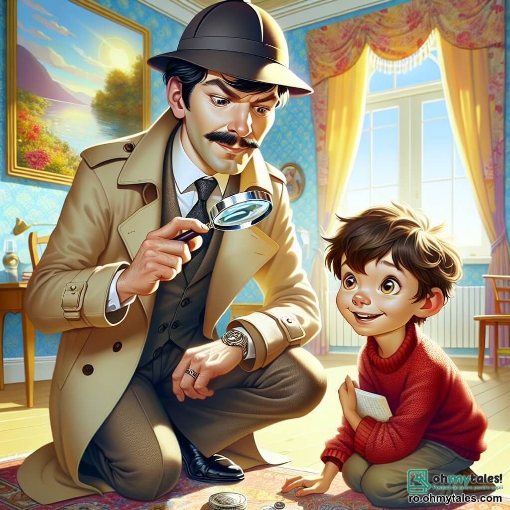 Un detectiv privat, un bărbat de aproximativ treize ani, cu o mustață mare și o lupă în mână, stă în centrul imaginii, având un aer concentrat și curios. Poartă un trench-bej și o pălărie neagră, examinând cu atenție o monedă strălucitoare de pe podea, având un zâmbet ușor de satisfacție pe față. În dreapta sa, un băiat de 10 ani, Andrei, cu părul brun răvășit și un pulover roșu, privește cu ochii strălucind de excitație, ținând un carnet mic în mâini. Se apleacă înainte, ca și cum ar dori să afle mai multe despre ceea ce face detectivul. În fundal, o cameră colorată a celebrului Hotel Curcubeu este vizibilă, cu pereți vopsiți în albastru deschis, perdele cu motive florale și un tablou mare agățat, reprezentând un peisaj însorit. O fereastră lasă să intre lumina zilei, iluminând scena și evidențiind detaliile obiectelor împrăștiate pe podea. Situația principală arată detectivul examinând indicii în cameră, în timp ce Andrei, intrigat, se apropie pentru a observa mai de aproape, creând o atmosferă de mister și aventură.