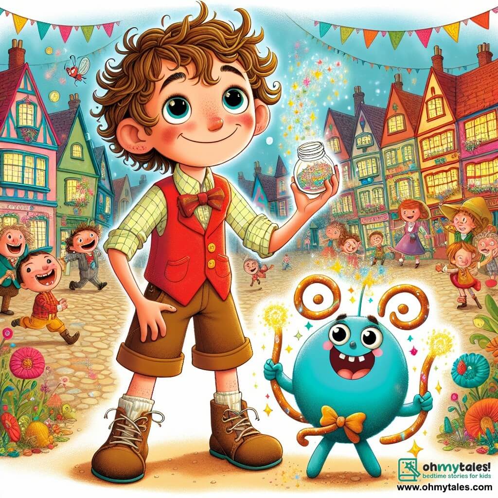 A 7-year-old boy named Oliver, with sparkling hazel eyes and tousled curly hair, stands at the center of the scene with a big smile on his face, holding a shimmering jar of laughter dust. He wears a bright red vest over a checkered shirt and brown shorts, looking ready to share his joy. Next to him, a small Fizzlepop, a squishy blue creature with big bulging eyes and a pretzel-shaped tail, jumps with excitement, emitting sparks of magic around him. In the background, the lively square of Quirkshire is filled with colorful houses with twisted facades, vibrant flowers, and paper garlands fluttering in the wind. The townspeople, both children and adults, laugh and dance, creating a festive and joyful atmosphere. The main scene shows Oliver sprinkling laughter dust into the air, triggering an explosion of laughter and colors, while those around him are swept away by the magic of the moment, their faces lit up with happiness.