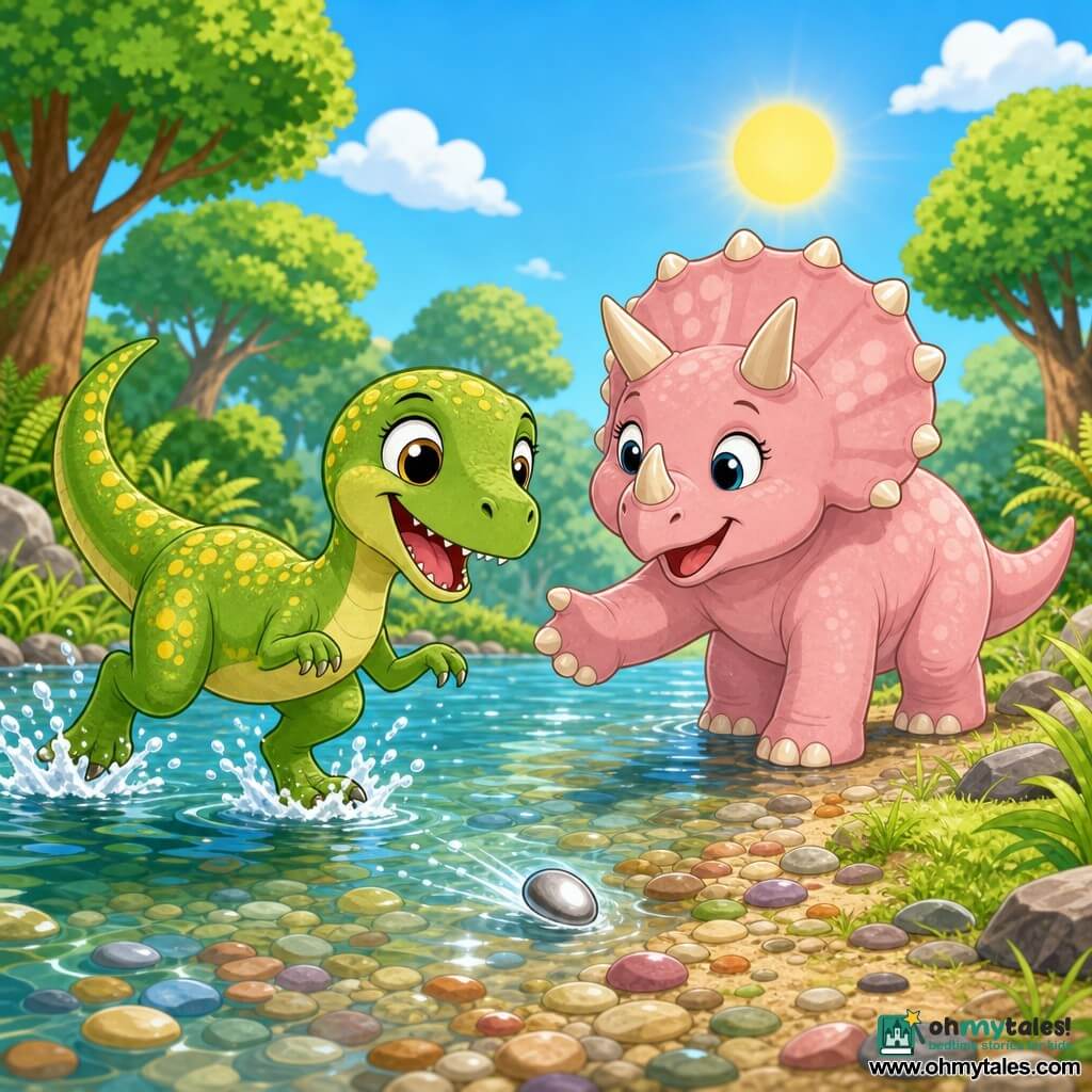 A small, joyful velociraptor named Rolo with light green scales speckled with yellow, big round eyes and a smile jumps in the shallow water wagging his tail while his friend Tilly, a gentle, curious pale-pink triceratops with short horns and tiny white spots, stands slightly back in the river smiling and reaches a foot to help; a shiny silver pebble rolls between their feet near the current in a clear shallow river dotted with colorful stones, grassy banks, ferns and trees under a blue sky and warm sun — the two friends laugh and gently guide the pebble to shore amid soft splashes in a tender, playful scene.