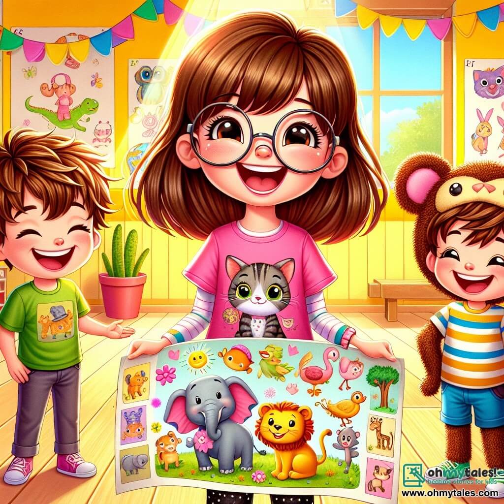An 8-year-old girl named Lily, with long brown hair and round glasses, happily smiles while holding a large colorful poster of animals. She wears a pink t-shirt with a cat design and a polka-dot skirt. Next to her is her friend Ben, an 8-year-old boy with messy blonde hair, dressed as an elephant with a paper trunk and felt ears, laughing while pointing at the poster. Emma, another 8-year-old friend with brown hair in pigtails, is dressed as a monkey in a brown costume, holding a funny hat. The scene takes place in a bright classroom at Sunnydale Elementary, decorated with animal drawings and colorful garlands. The walls are painted bright yellow, and windows let in sunlight, illuminating the children's smiles. Lily and her friends are preparing their "Amazing Animals" project for the Sunnydale Showcase, surrounded by animal drawings and homemade costumes, ready to present their play to classmates and parents.