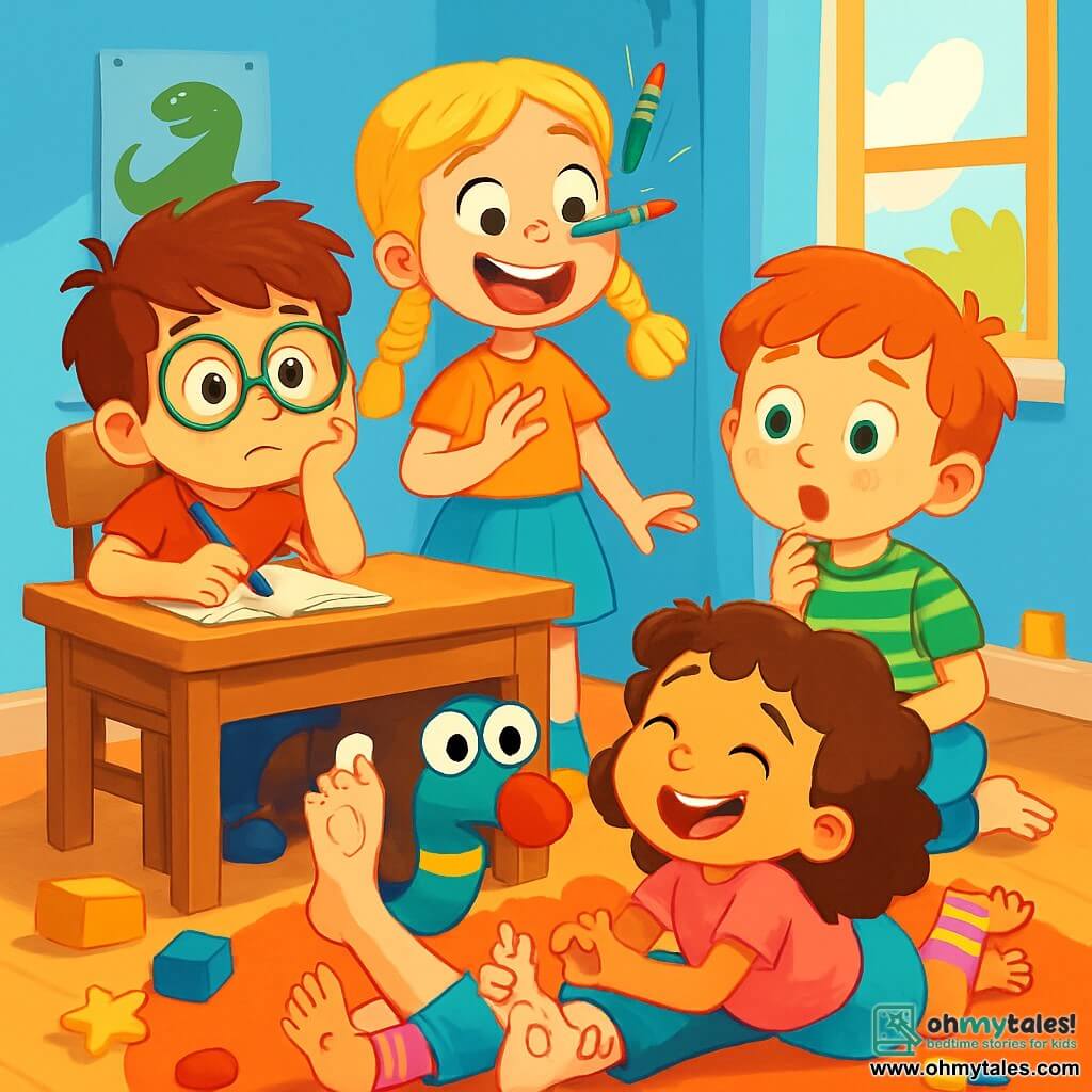 There are 4 children: Max, an 8-year-old boy with messy brown hair and round glasses, sitting at a wooden desk holding a purple pencil, looking thoughtful; Mia, a 7-year-old girl with braided blonde hair and a bright smile, standing next to Max juggling colored pencils on her nose; Leo, a 9-year-old boy with freckles and red hair, sitting on the floor counting his freckles with a focused expression; and Zoe, a 6-year-old girl with curly hair and mismatched socks, lying on the carpet, laughing and drawing smiling faces on her toes. The setting is a colorful children's room with sky-blue walls, dinosaur posters, and toys scattered on the floor. A large fluffy rug is in the center, and a window lets in sunlight, brightening the room. The main scene shows the children surprised, looking at a funny sock puppet that just spoke under the desk. The puppet has bulging eyes and a red pom-pom nose, appearing ready to take them on a magical adventure.