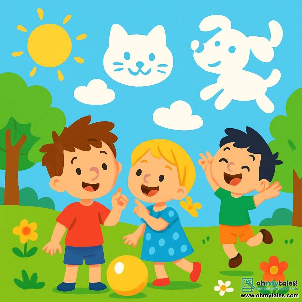There are 3 characters: Max, a 6-year-old boy with messy brown hair and a red t-shirt, standing and smiling while holding a shiny button; Lily, a 5-year-old girl with braided blonde hair and a blue polka dot dress, next to Max, laughing and pointing at a cat-shaped cloud; and Ben, a 6-year-old boy with black hair and green shorts, slightly behind, joyfully jumping to catch a dog-shaped cloud. The setting is a sunny garden filled with colorful flowers, large green-leaved trees, and a bright blue sky. Funny clouds float in the sky, some shaped like cats and others like dogs, adding a touch of magic to the scene. The main situation shows the three friends pressing the magic button, surrounded by amusing clouds and a large bouncing ball, laughing and dancing, creating a joyful and playful atmosphere.