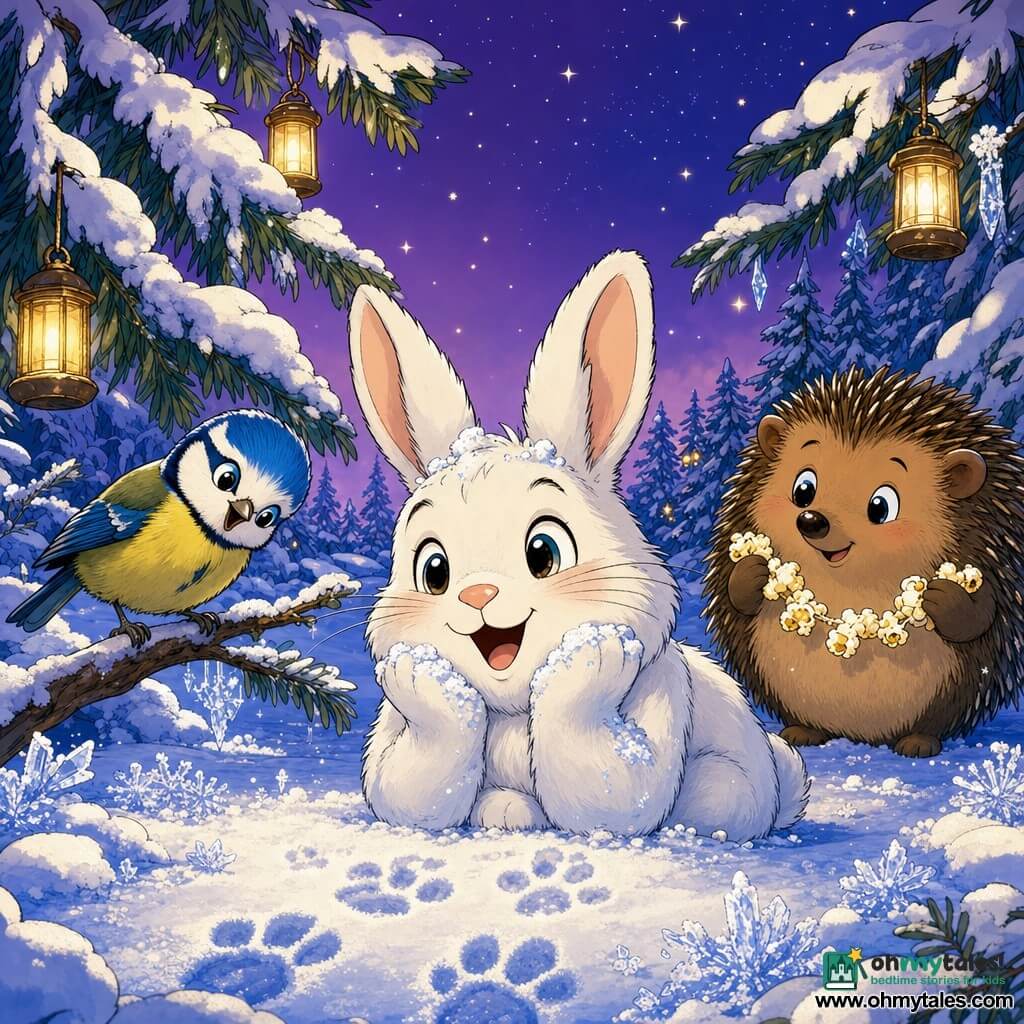 A small fluffy white rabbit with snow-covered paws, bright eyes and a big amazed smile sits in the snow, leaning forward to listen; a cheerful blue-and-yellow tit perches on a low branch to the rabbit's left, tilting its head to listen; a round brown hedgehog with soft spines, shy but smiling, holds a popcorn garland to the rabbit's right, slightly back; the clearing is ringed by tall snow-covered firs with hanging warm lanterns, the ground shows paw prints and snowflakes, and a violet twilight sky sparkles with stars; the scene captures the magical moment when the snow "whispers" stories — soft light, warm fairy atmosphere, centered on the listening rabbit, three-quarter close-up framing, saturated contrasting colors, clear lines and sharp outlines in the Franco-Belgian comic style.