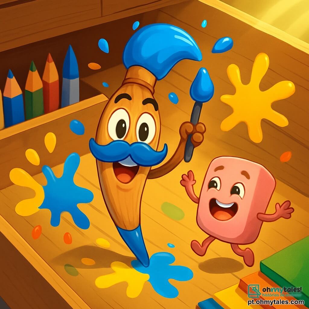 O personagem principal é o Senhor Pincel, um pincel sorridente com um grande bigode azul e olhos brilhantes de alegria. Ele está pintando respingos de cores vivas ao seu redor, exibindo uma expressão de excitação e felicidade. Ao seu lado, a Borracha Saltitante, uma borracha rosa com perninhas e bracinhos, salta de alegria, seus olhos brilhando de travessura. Ela ri alto, cheia de energia, e está ao lado do Senhor Pincel, pronta para ajudá-lo. O cenário é uma gaveta alegremente colorida, cheia de lápis, canetinhas e papéis multicoloridos, com raios de luz filtrando pelas frestas, criando uma atmosfera acolhedora e lúdica. A situação principal mostra o grupo procurando a tinta azul desaparecida, com respingos de cores vivas ao seu redor, enquanto riem juntos, formando uma bela equipe cheia de cumplicidade e felicidade.