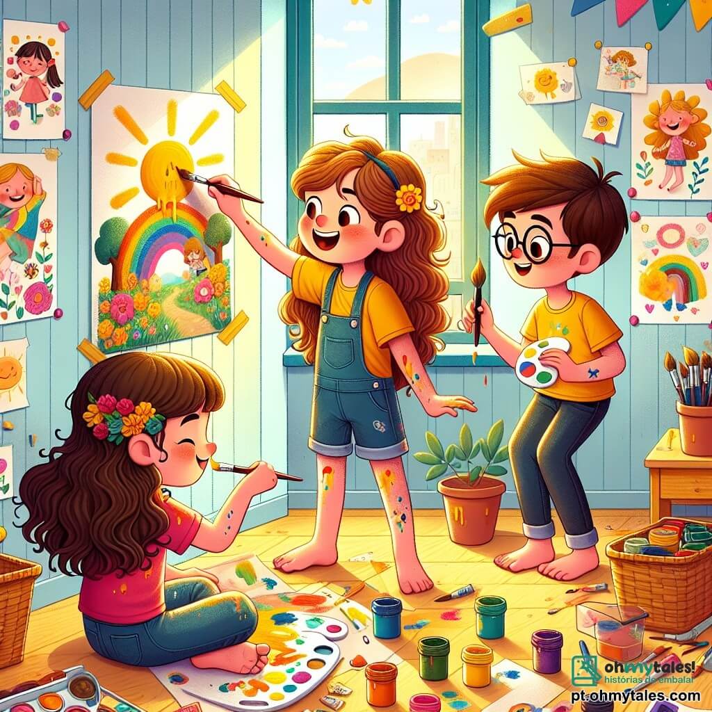 Uma menina de 10 anos, Clara, com cabelos castanhos e cacheados, está pintando um mural colorido na parede branca do seu quarto. Ela usa uma camiseta amarela brilhante e um short de jeans, com manchas de tinta nos braços. Ao lado dela, sua melhor amiga Ana, também de 10 anos, com cabelos longos e lisos, segura pincéis e estrelas adesivas, pronta para colá-las no mural. Um pouco mais longe, Felipe, um garoto de 10 anos com cabelos castanhos e óculos redondos, está sentado no chão, misturando cores em uma paleta, com uma expressão concentrada. O quarto é iluminado, com raios de sol entrando pela janela aberta, iluminando desenhos nas paredes e brinquedos espalhados pelo chão. Potes de tinta de várias cores estão dispostos em uma mesa de madeira, acrescentando um toque criativo ao ambiente. A cena principal mostra Clara e seus amigos criando um mural alegre, pintando flores, uma árvore grande e um arco-íris, enquanto riem e compartilham ideias, capturando o espírito de um verão cheio de criatividade e amizade.