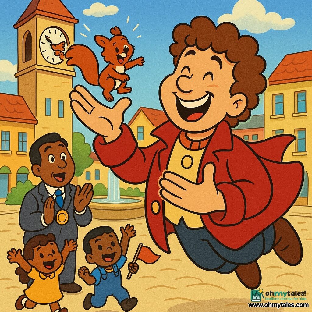 Captain Giggle, smiling and joyful with curly brown hair and a flowing red coat, hovers slightly above a bright city square near a tall clock tower, holding a small red squirrel that jumps onto his right shoulder as he releases it from inside the clock; the white‑dial clock begins ticking again, the crowd — including a surprised mayor with a shiny medallion and two children (a girl in a yellow dress and a boy in blue overalls) in the foreground — smiles and applauds beside light cobbles, a round fountain and colorful façades.