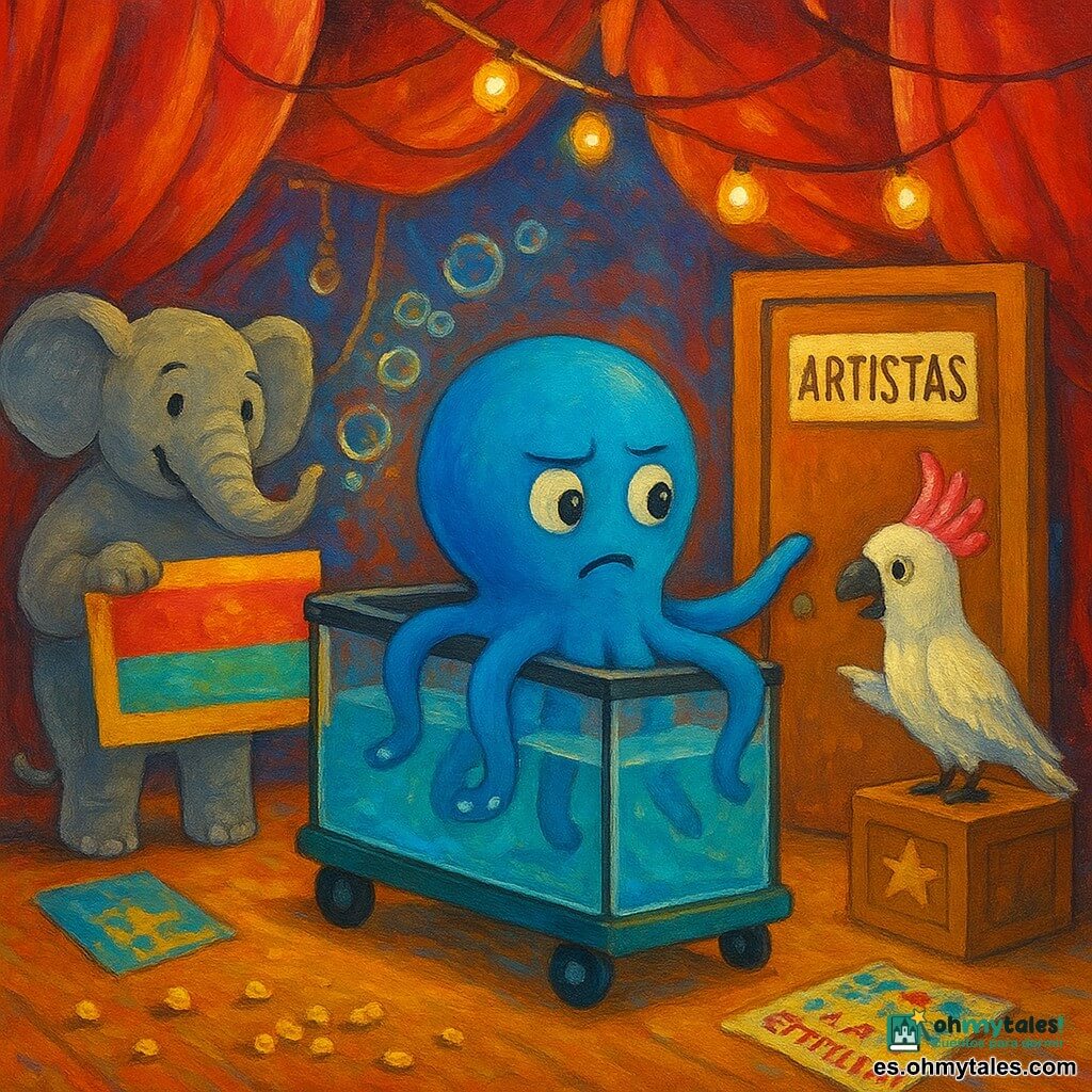 Un pequeño pulpo azul brillante, protagonista, con ocho brazos redondeados y ventosas blancas, asoma la mitad de su cuerpo fuera de un gran acuario con ruedas y extiende un brazo hacia una puerta marcada "Artistas"; a la izquierda Bombo, un elefante gris de trompa ancha y ojos amables, sonríe y anima sosteniendo un gran cartel con la trompa; una cacatúa directora de plumaje blanco y cresta rosa brillante, con sombrero de lentejuelas, señala la escena desde una caja detrás del pulpo; al fondo, bastidores de circo con cortinas rojas y amarillas, cuerdas, lámparas colgantes con bombillas cálidas y una máquina de burbujas; en el suelo, cajas de accesorios pintadas con estrellas, un póster arrugado del "Festival de la Noche de Estrellas" y palomitas esparcidas; la escena capta el instante en que el pulpo decide salir del acuario para recuperar una caja perdida, con luz vibrante, colores saturados y estilo alegre y legible para niños.