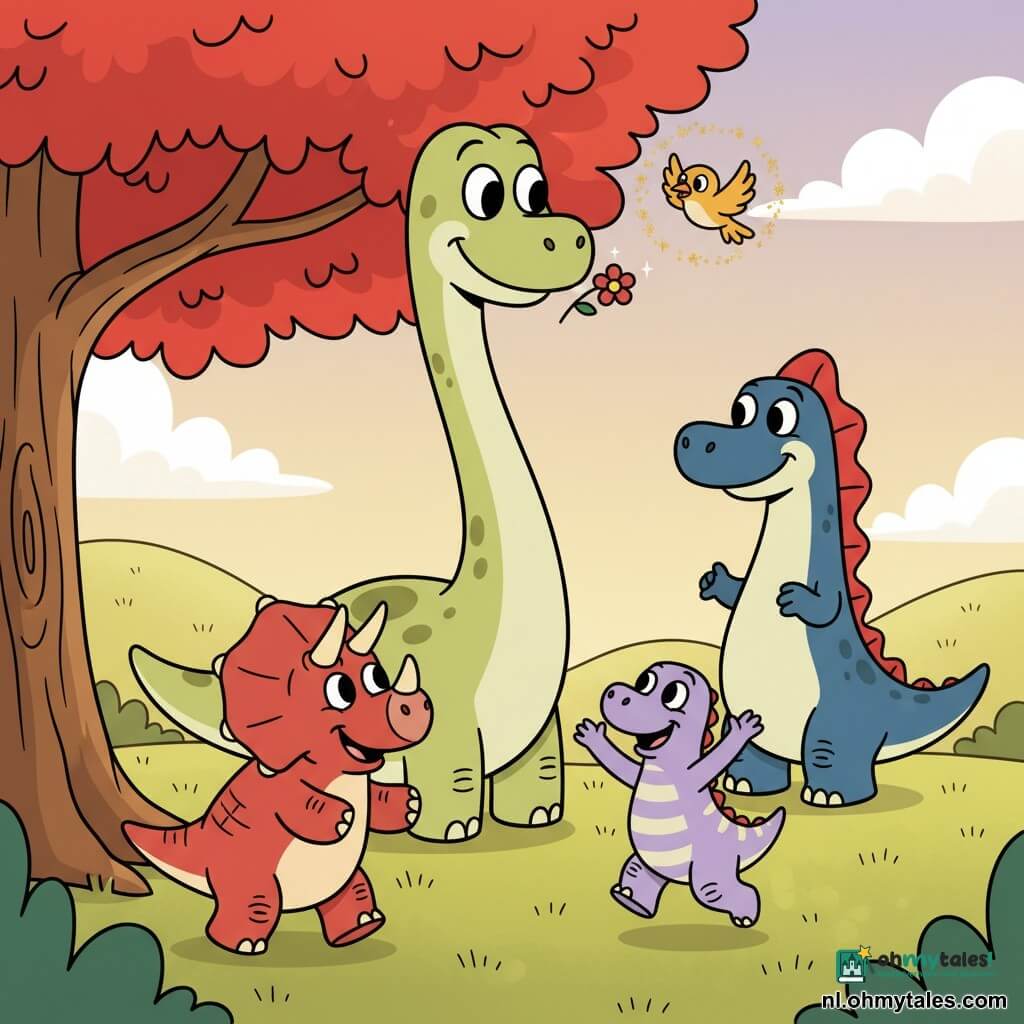 Een grote lichtgroene diplodocus met kleine olijfgroene vlekken, lange soepele nek, grote ronde expressieve ogen en warme glimlach houdt voorzichtig een klein fonkelend bloempje tussen zijn lippen; Tommy, de gedrongen triceratops met korte hoorns en ronde neus in baksteenkleur, kijkt bewonderend en tikt met zijn hoeven op de grond; Zara, een kleine springerige dinosaurus met een mollig lavendelkleurig lichaam en crèmekleurige strepen, springt blij op de voorgrond met opgeheven armpjes; de imponerende maar zachtere spinosaurus met donkerblauwe schubben en een rode rugkam staat op de achtergrond, verbaasd maar glimlachend; een vriendelijk vogeltje met gouden veren vliegt erboven en strooit vonkjes rond de bloem; de scène speelt zich af aan de voet van een grote boom met felrode bladeren in een grasvallei met ronde heuvels, pastelkleurige lucht, pluizige wolken en gouden licht — hoofdmoment: triomf en verzoening, de diplodocus biedt de betoverde bloem aan zijn vrienden en de spinosaurus, warme sfeer, felle kleuren, gecentreerde compositie, eenvoudige silhouetten, afgeronde vormen en zachte contrasten.